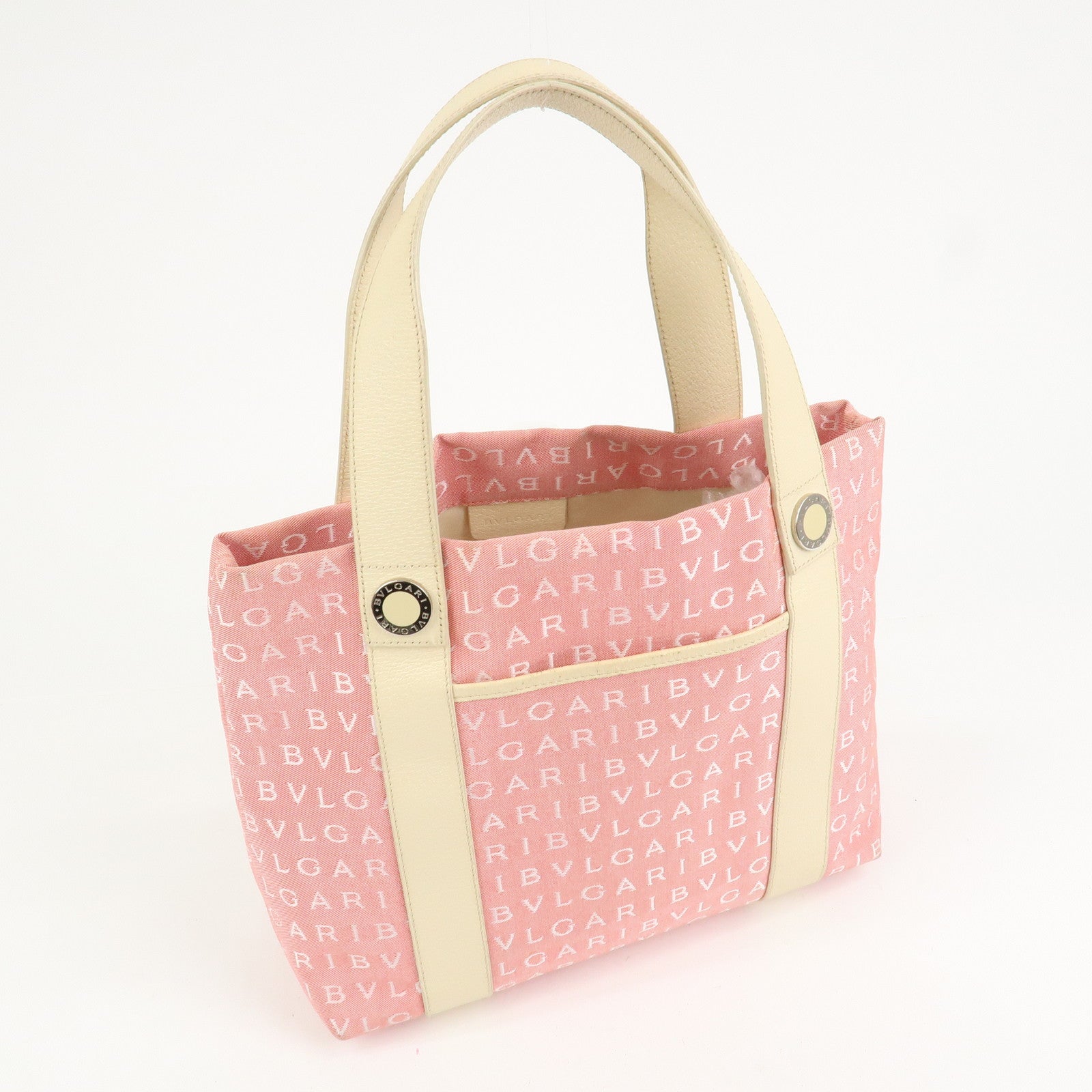 BVLGARI Logo Mania Canvas Leather Hand Bag Tote Bag Pink Ivory