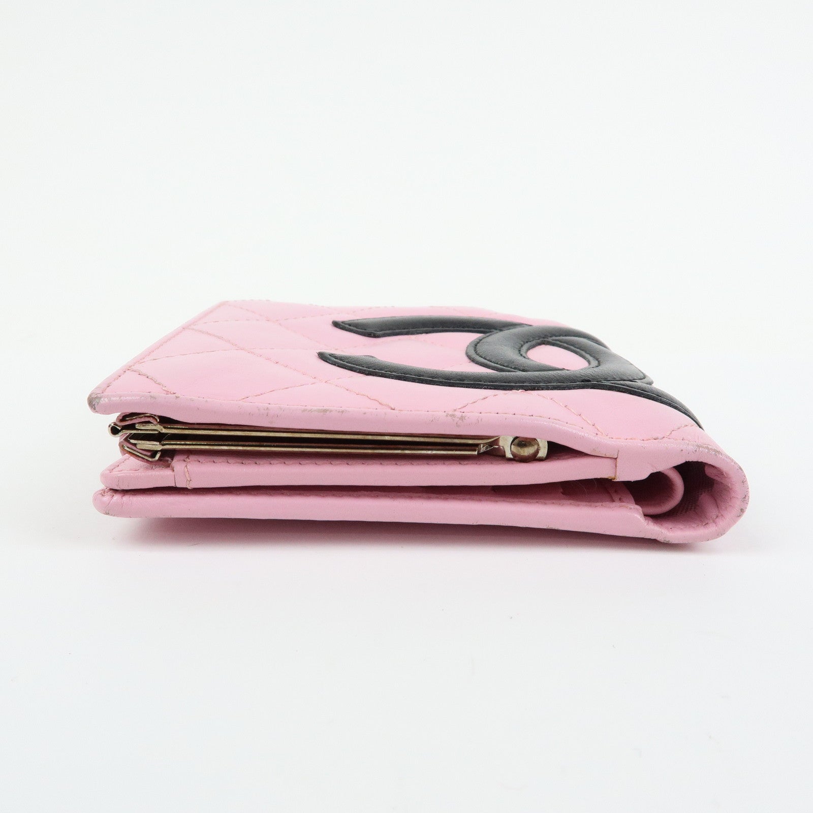 CHANEL Cambon Line Matelasse Lamb Skin Bi-fold Compact Wallet Pink