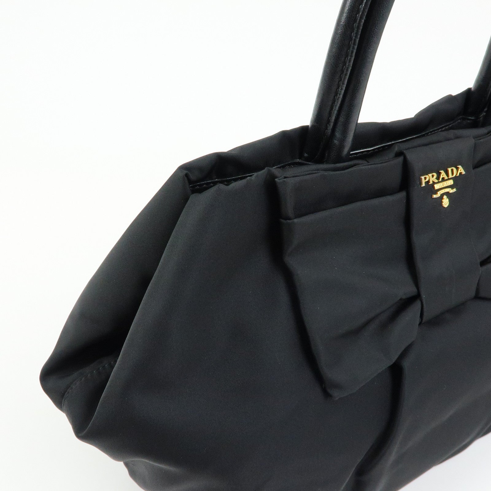 PRADA Ribbon Nylon Leather Hand Bag Tote Bag Black BN1601