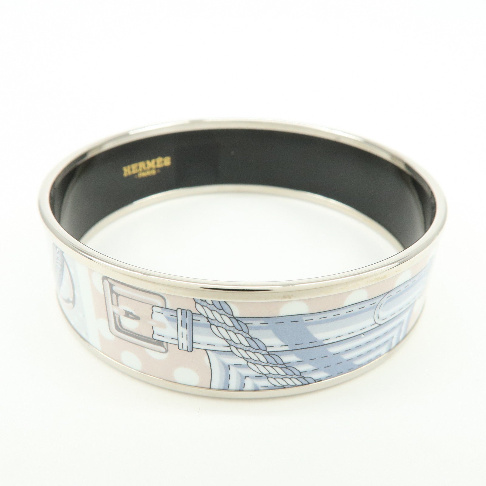 HERMES Email GM Silver Plated Bangle Bracelet Light Blue Multicolor