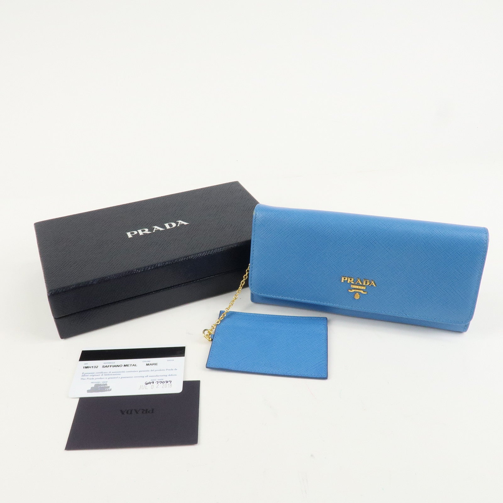 PRADA Saffiano Leather Bi-Fold Long Wallet Blue Gold HDW 1MH132 Used