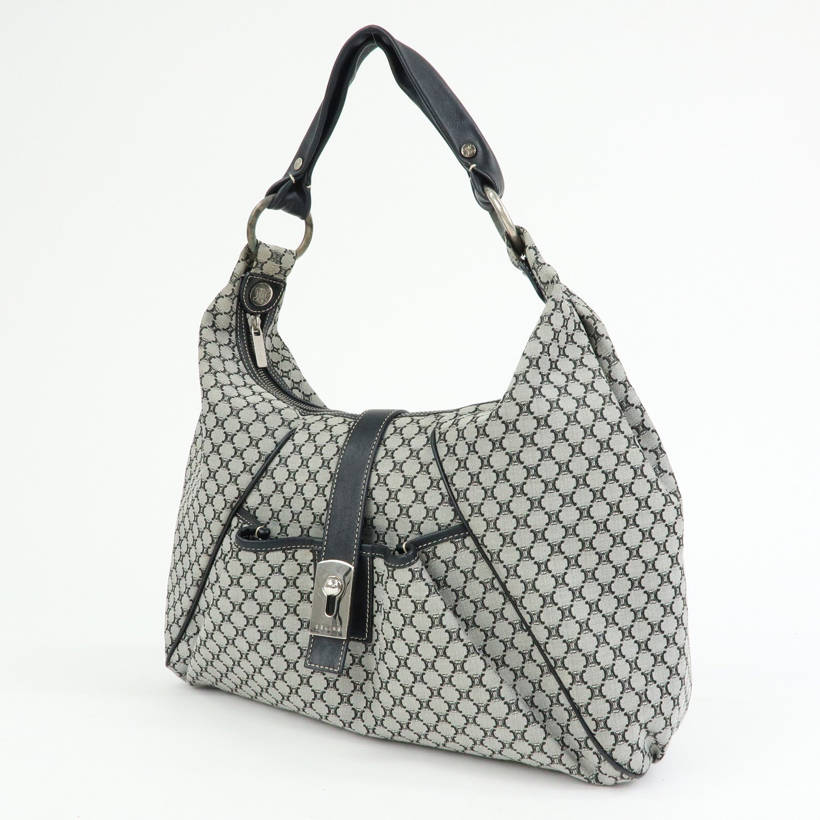 CELINE Macadam Canvas Leather Hand Bag Shoulder Bag Navy