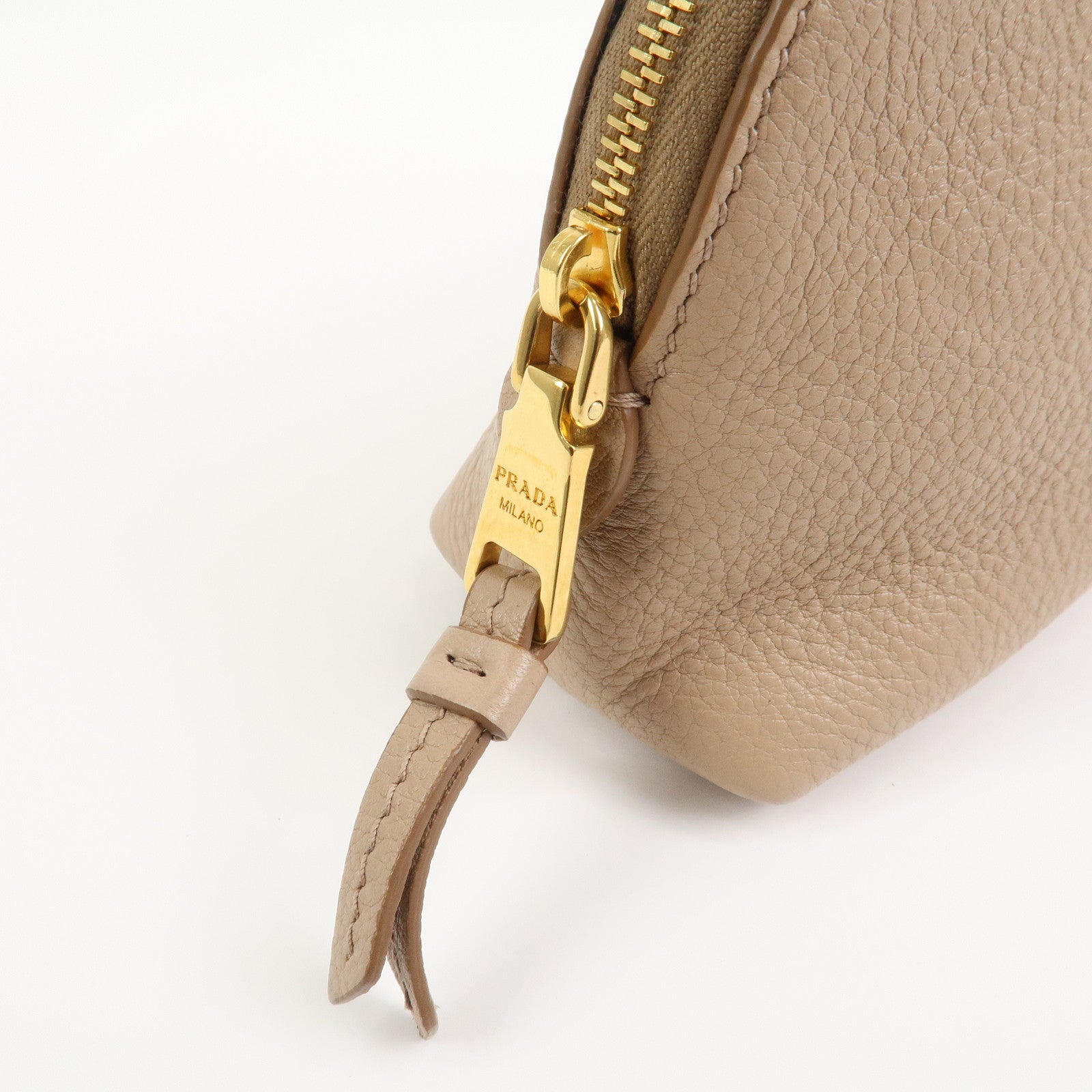 PRADA Logo Leather Cosmetic Pouch Clutch Beige 1ND005