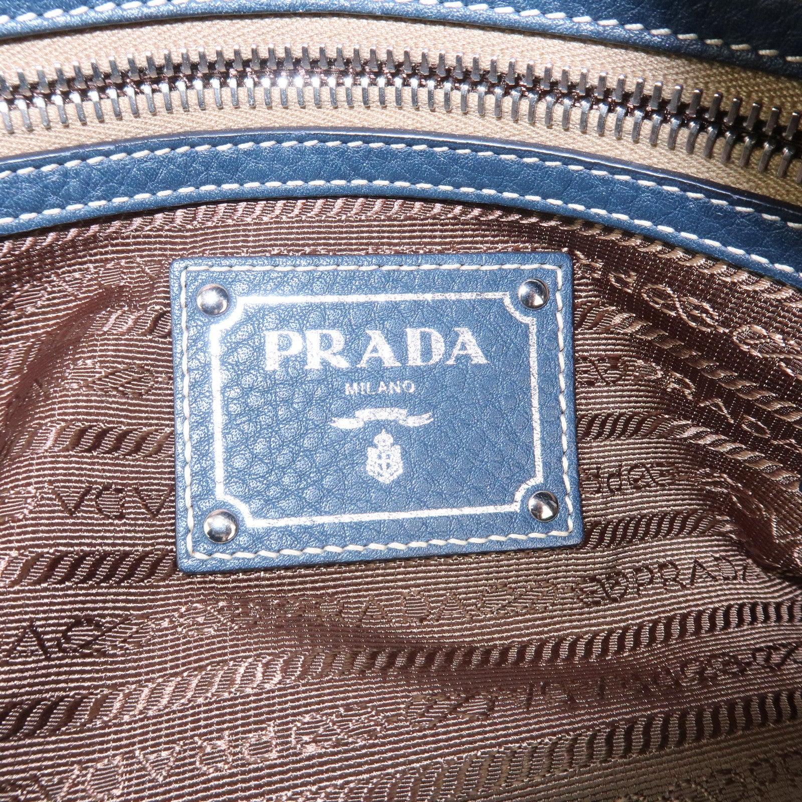 PRADA Logo Leather Boston Bag Hand Bag Navy BR3091