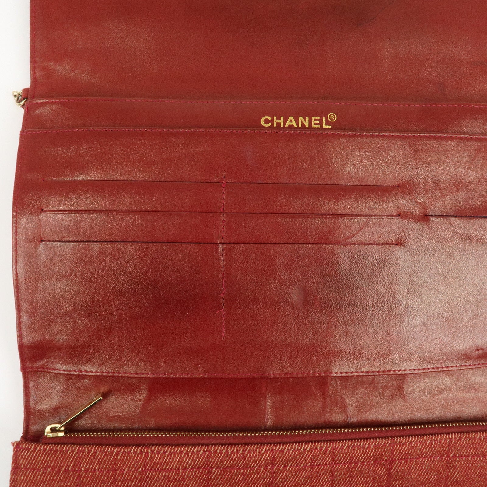 CHANEL Denim Lamb Skin Leather Chain Shoulder Bag Red