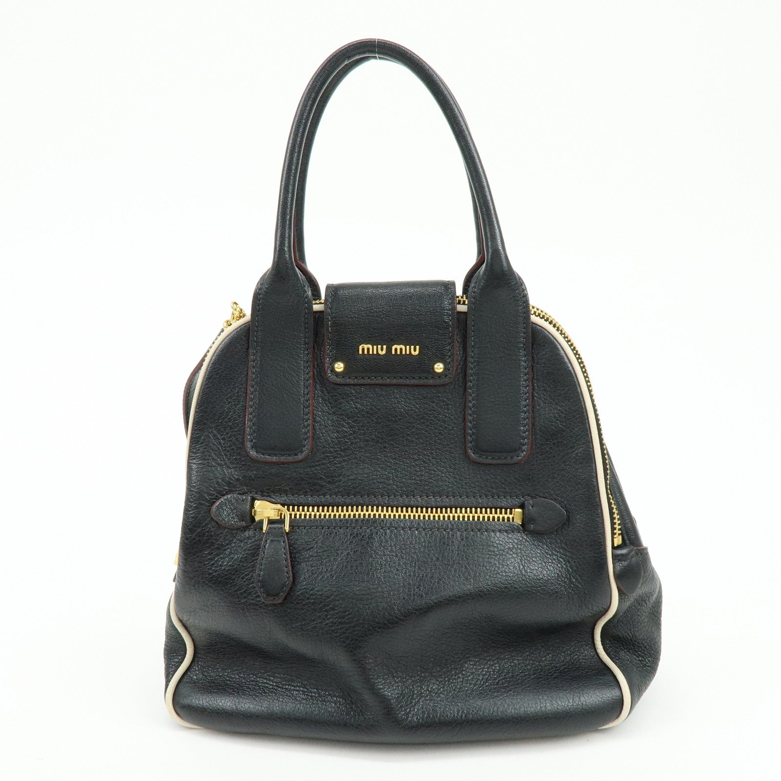 MIU MIU Logo Madras Leather 2Way Bag Hand Bag Shoulder Bag Black