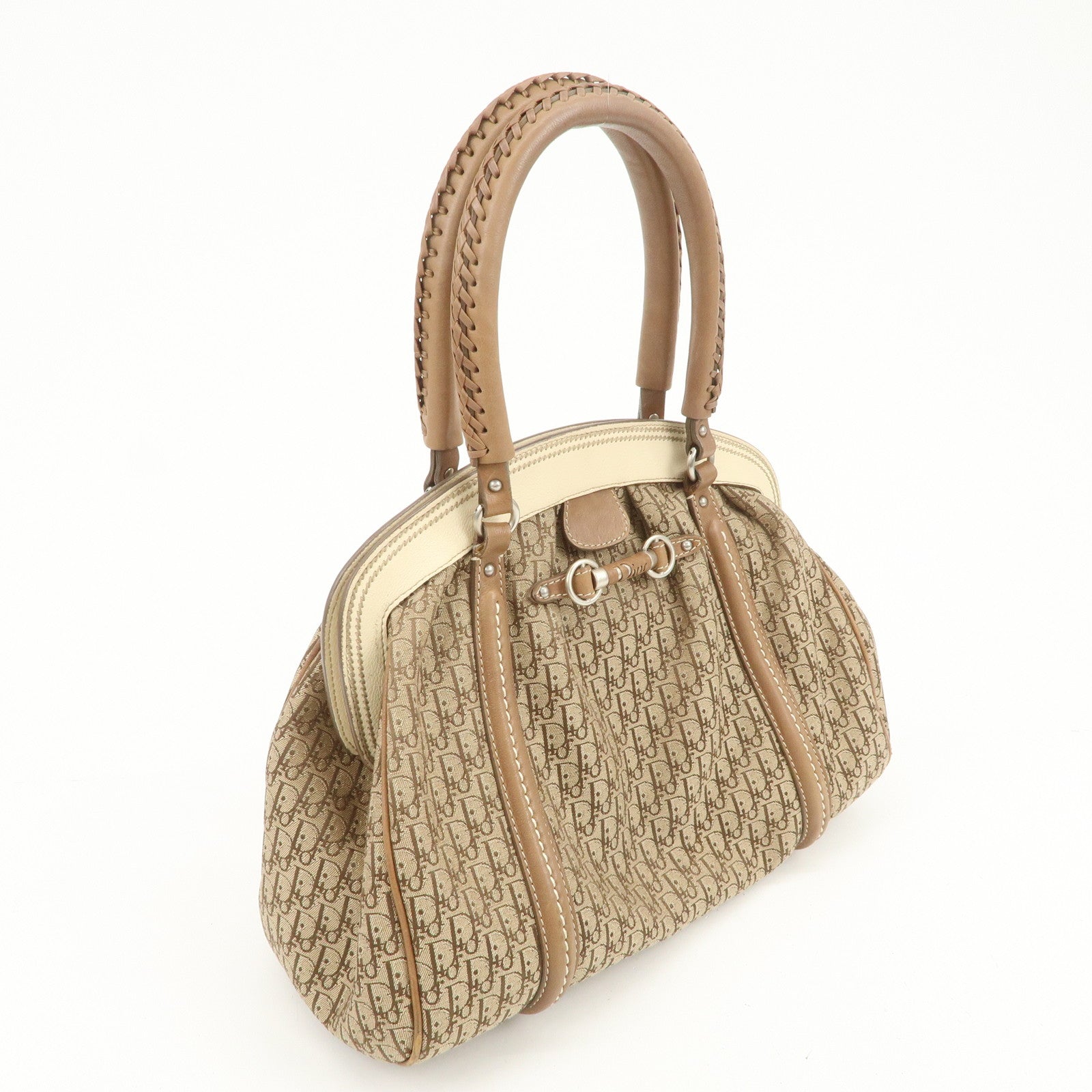 Christian Dior Trotter Canvas Leather Hand Bag Beige Ivory