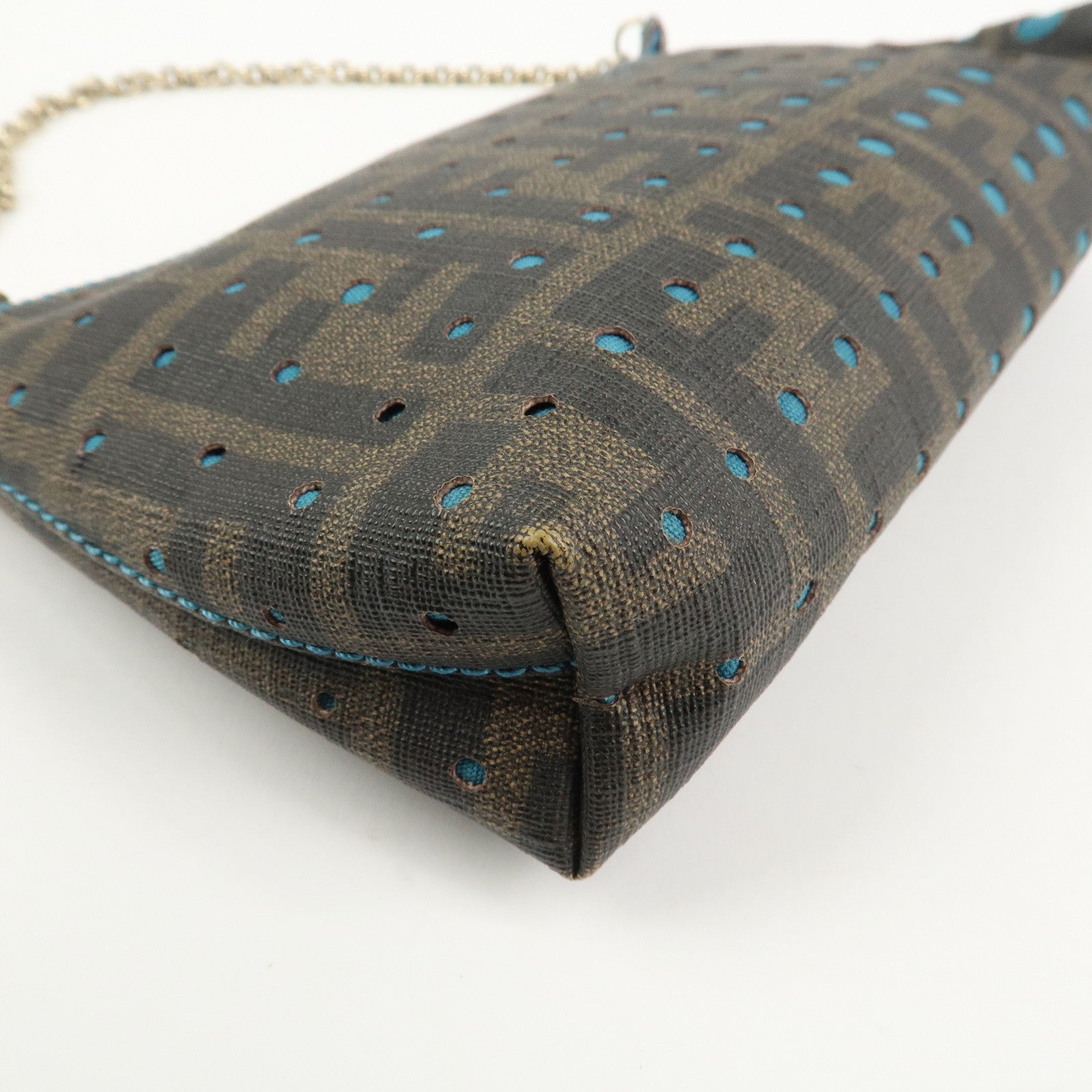 FENDI Zucca PVC Canvas Chain Accessory Pouch Brown Blue 8BR592