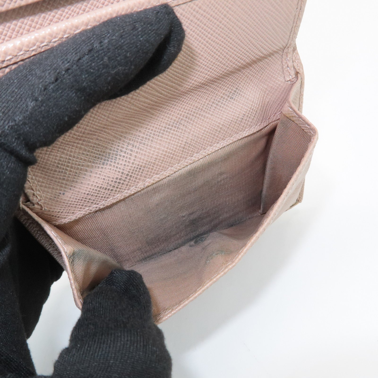 PRADA Logo Saffiano Leather Bi-Fold Small Wallet Beige 1MV204 Used