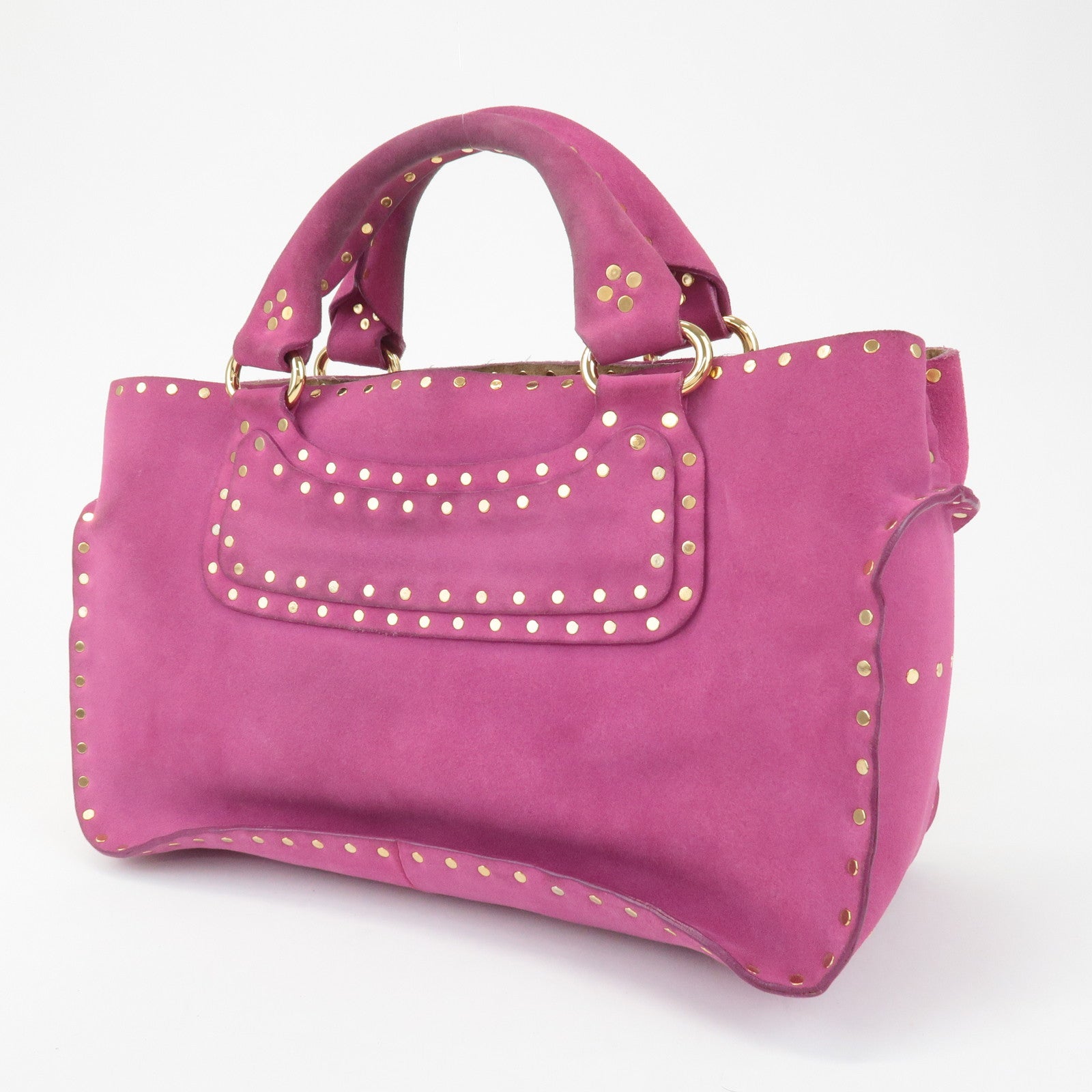 CELINE Suede Leather Studs Buggy Bag Hand Bag Pink Gold