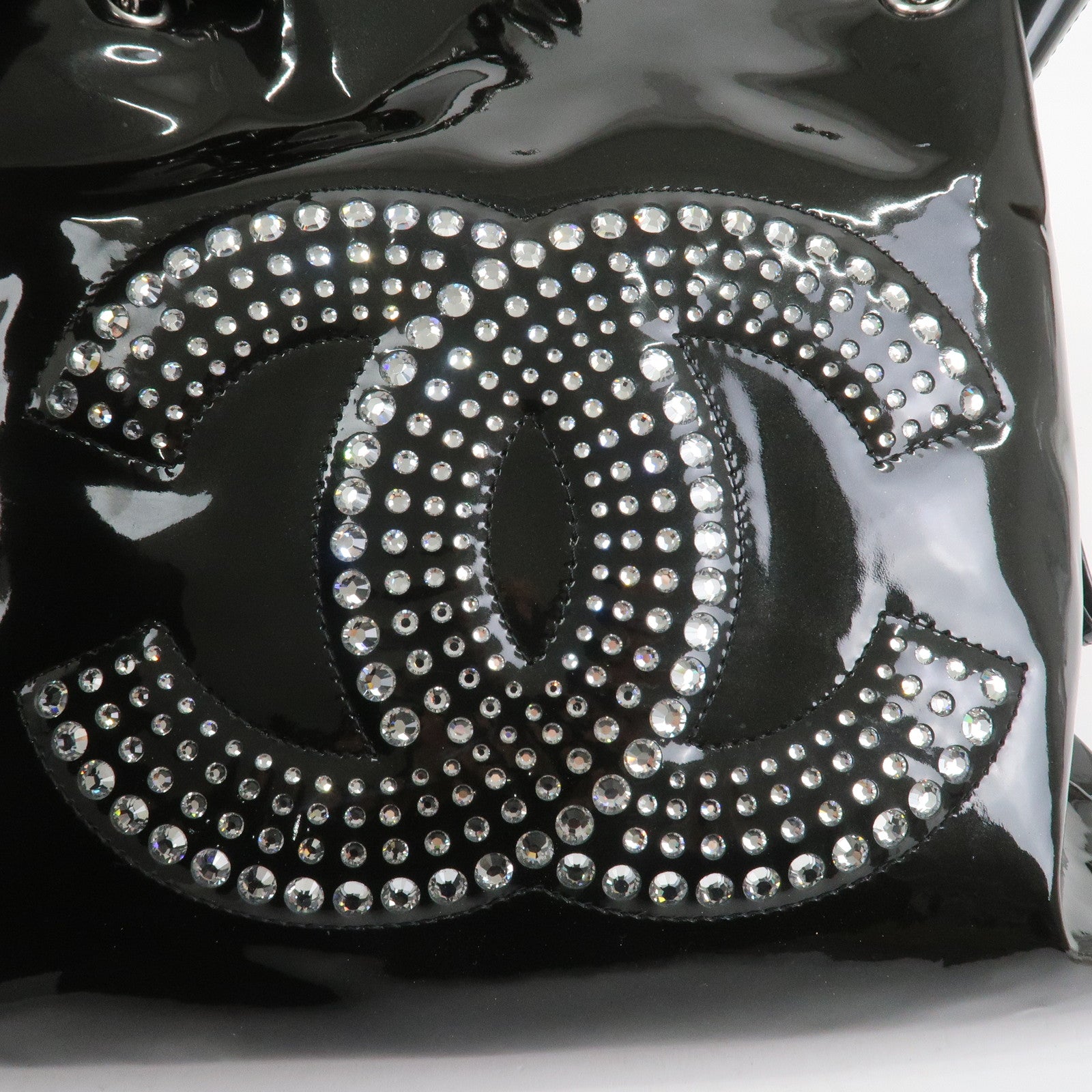 CHANEL COCO Mark Patent Leather Rhinestone Tote Bag Black