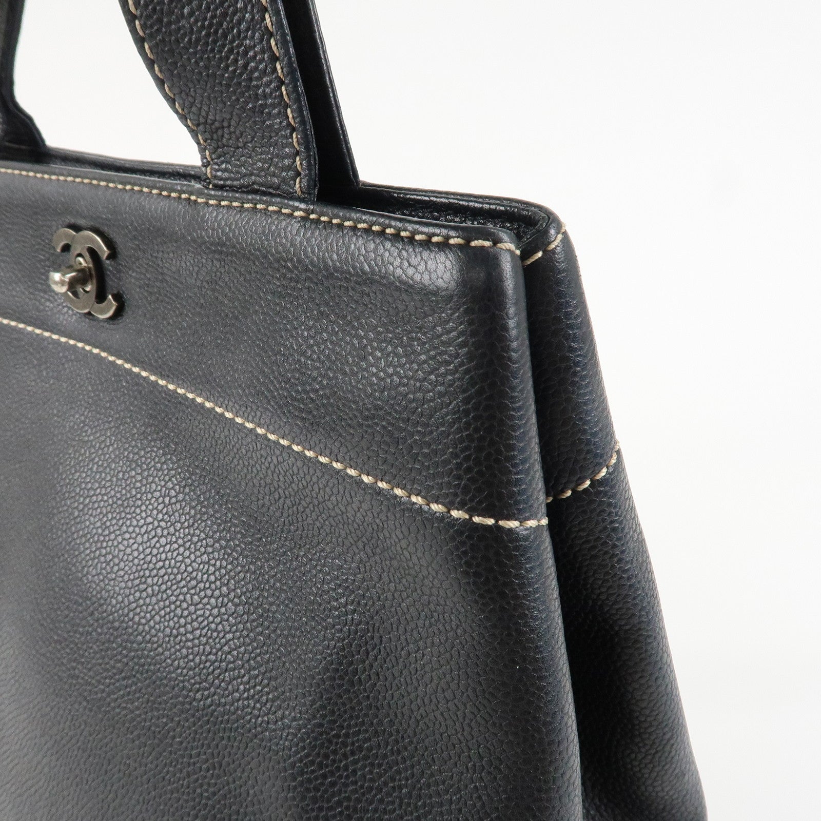 CHANEL Caviarskin COCO Mark Turn Lock 2Way Hand Bag Black Used