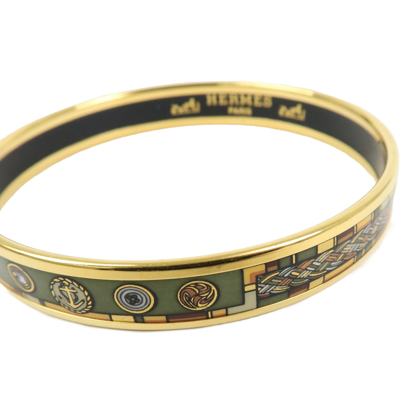 HERMES Email PM Gold Plated Bangle Bracelet Gold Green