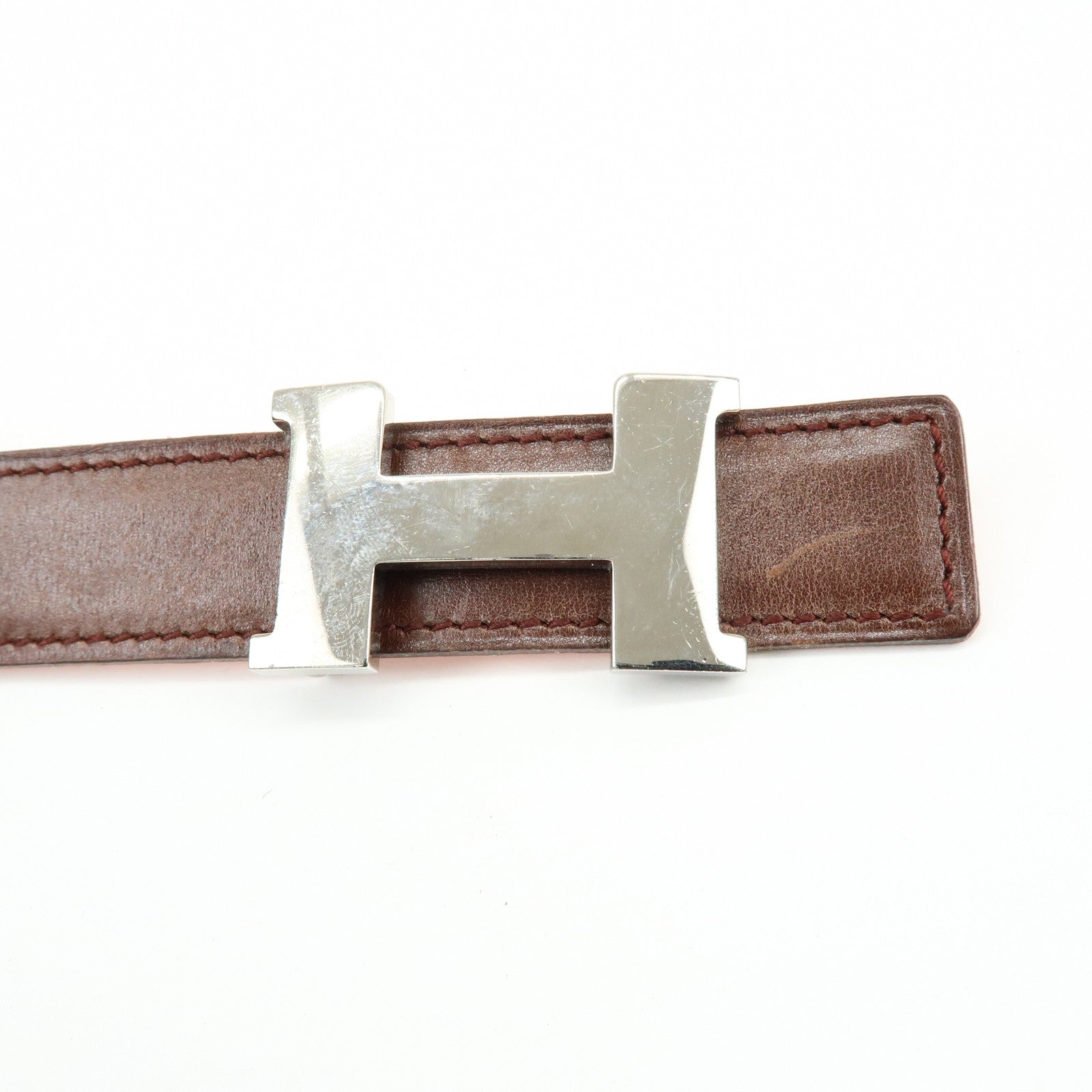 HERMES Leather H Buckle □B Stamped Reversible Constance Belt Brown