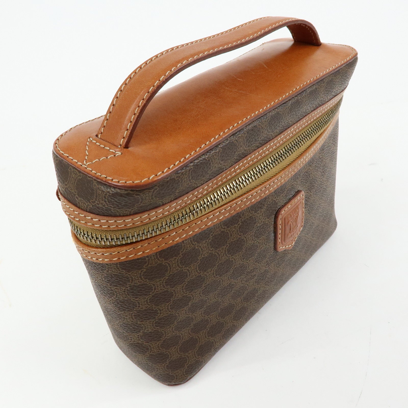 CELINE Macadam PVC Leather Vanity Hand Bag Makeup Bag Brown