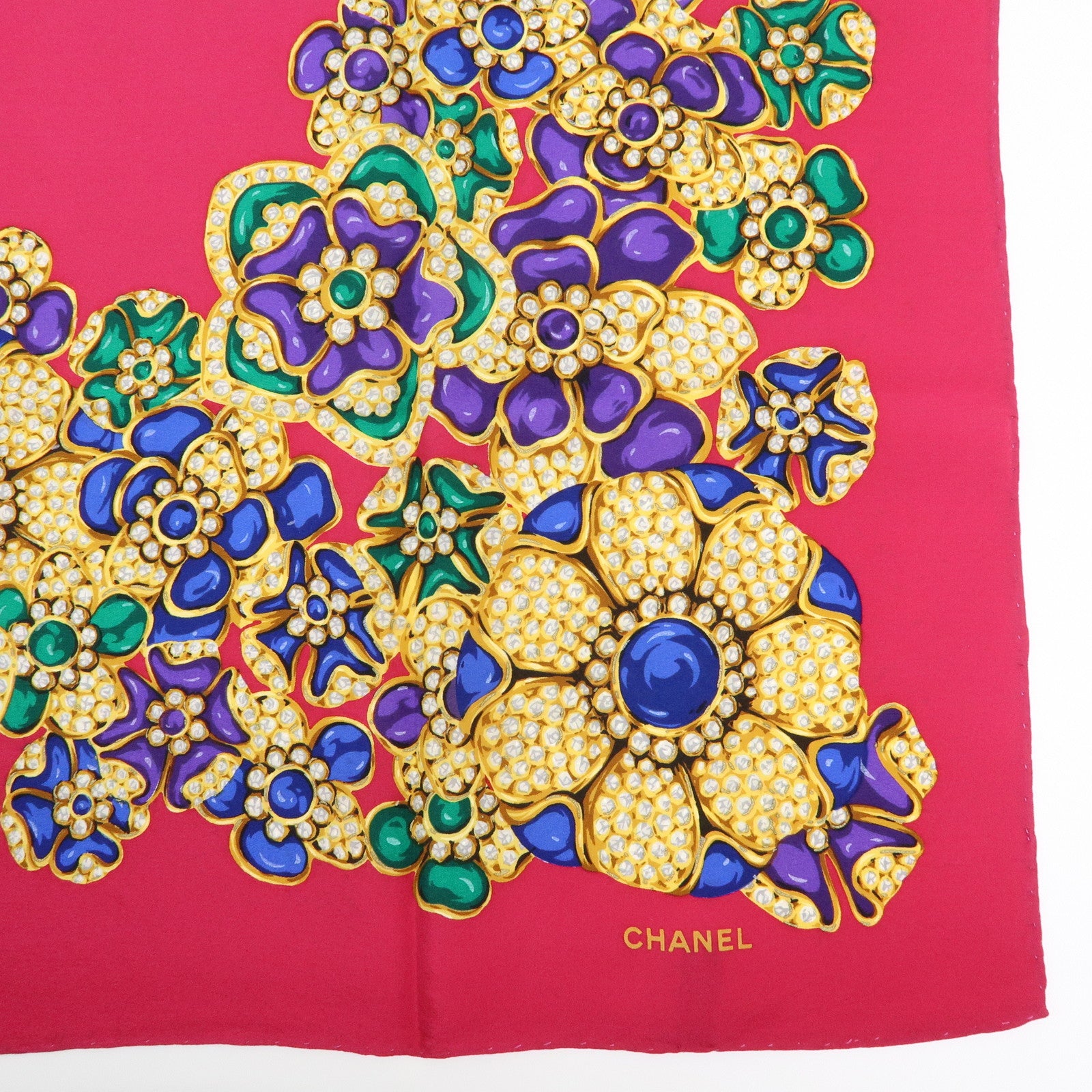 CHANEL Silk 100% Flower Jewelry Motif Scarf Pink Gold