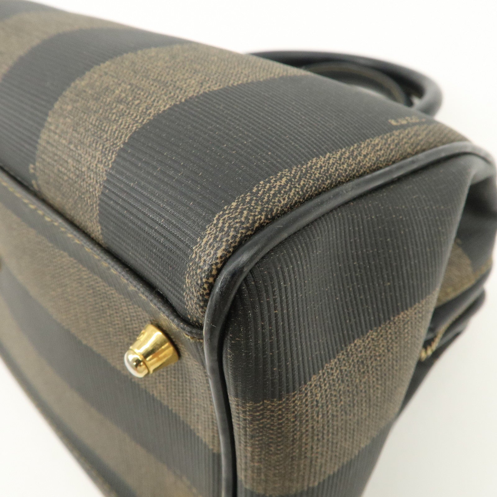 FENDI Pequin PVC Canvas Hand Bag Boston Bag Black Brown Used