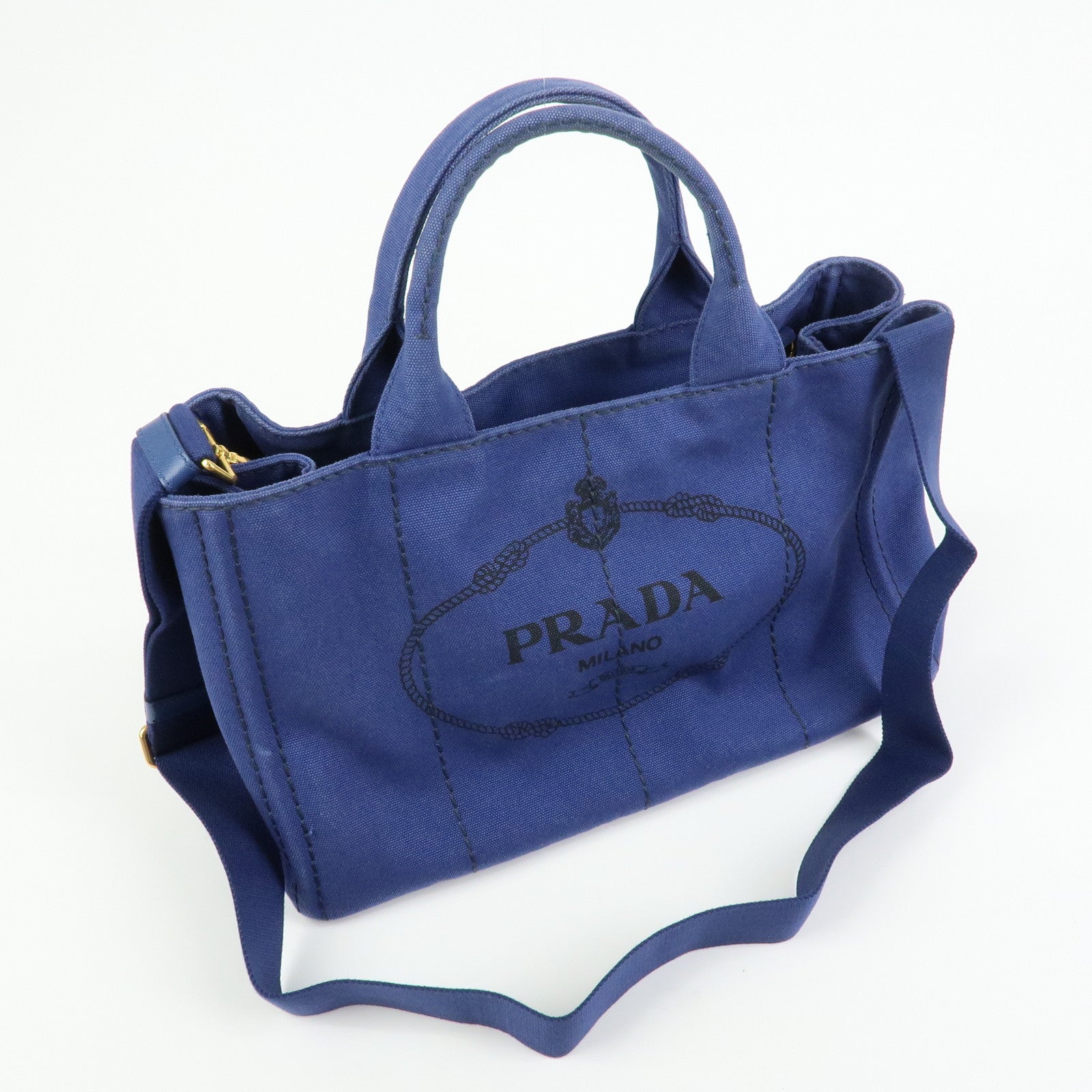 PRADA Triangle Logo Canapa 2Way Tote Bag Hand Bag Blue BN2642