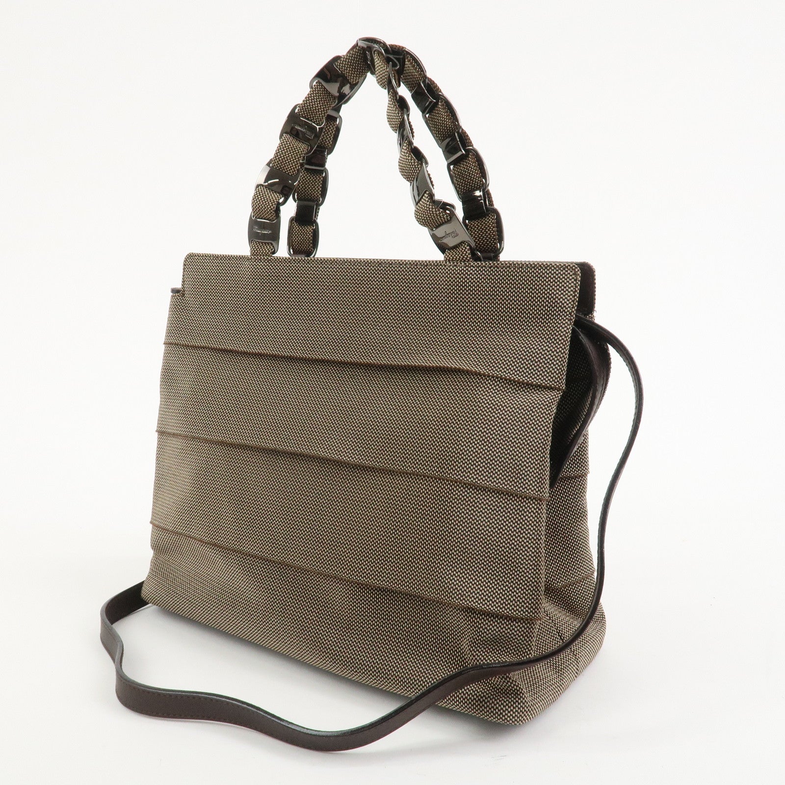 Ferragamo Canvas 2Way Bag Hand Bag Shoulder Bag Brown