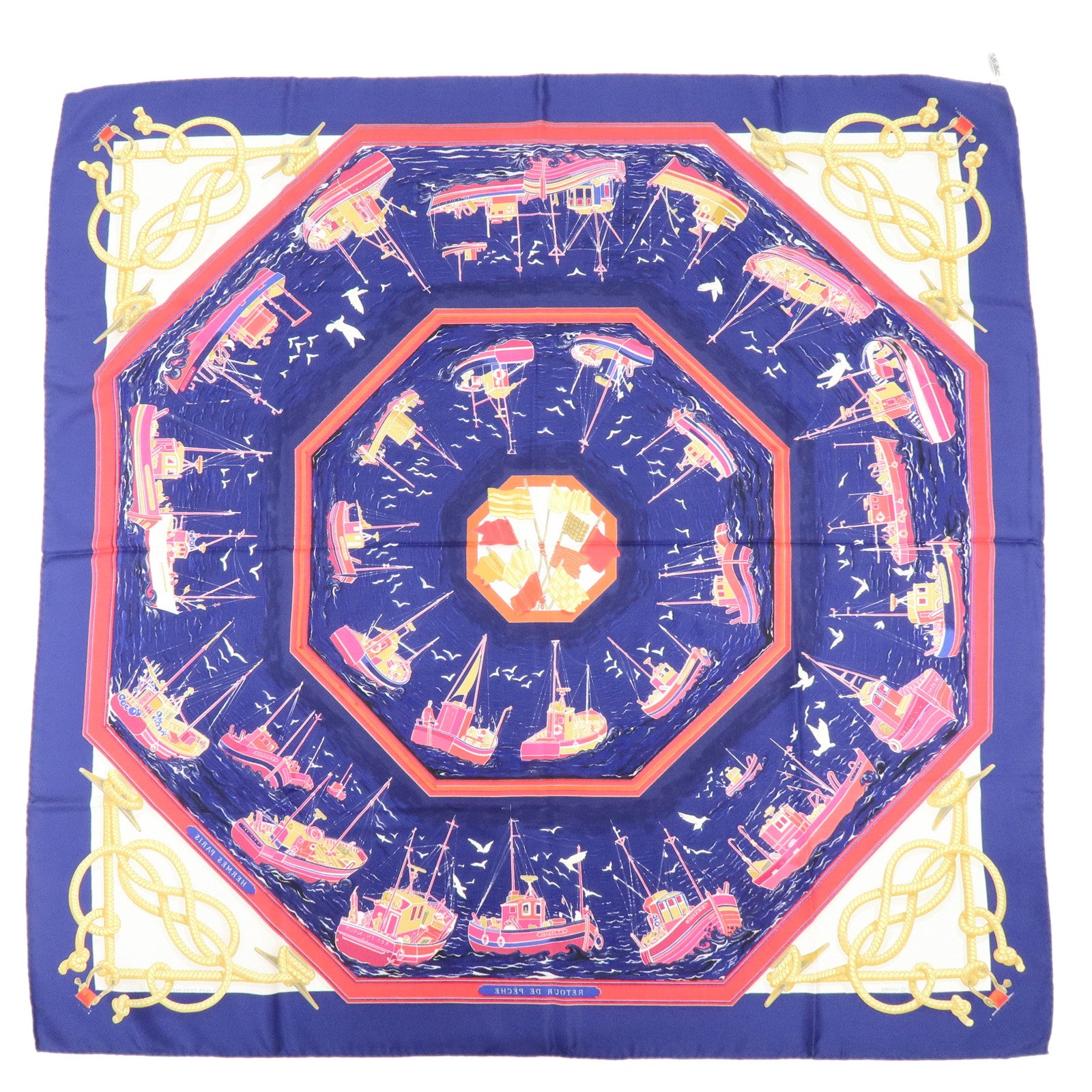 HERMES Carre 90 Silk100% Scarf RETOUR DE PECHE Blue Red Gold