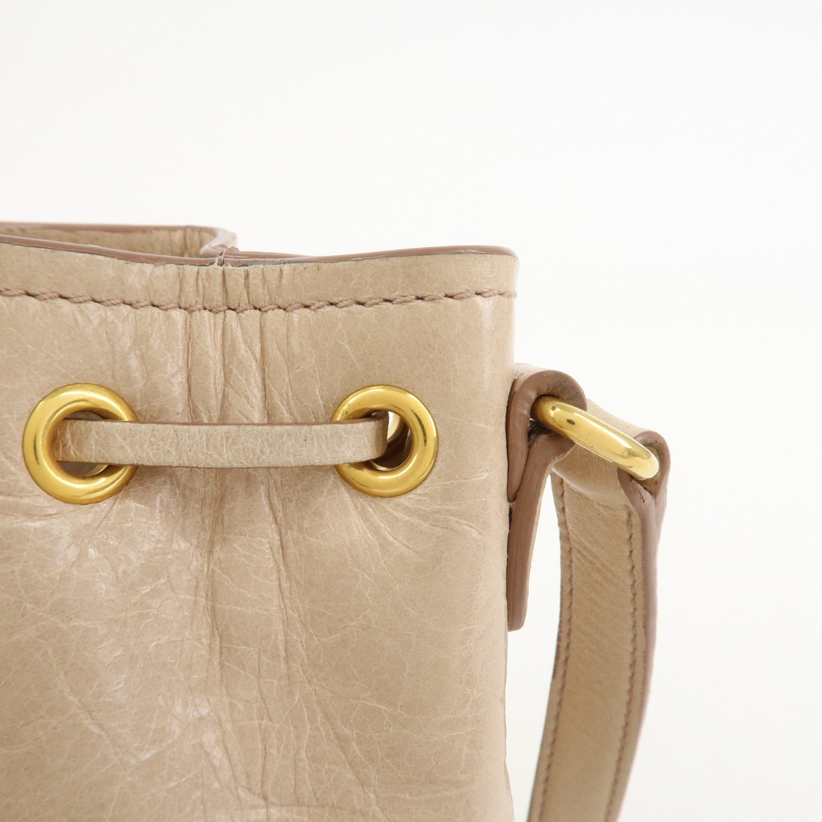 MIU MIU Logo Leather Drawstring Shoulder Bag Crossbody Bag Beige