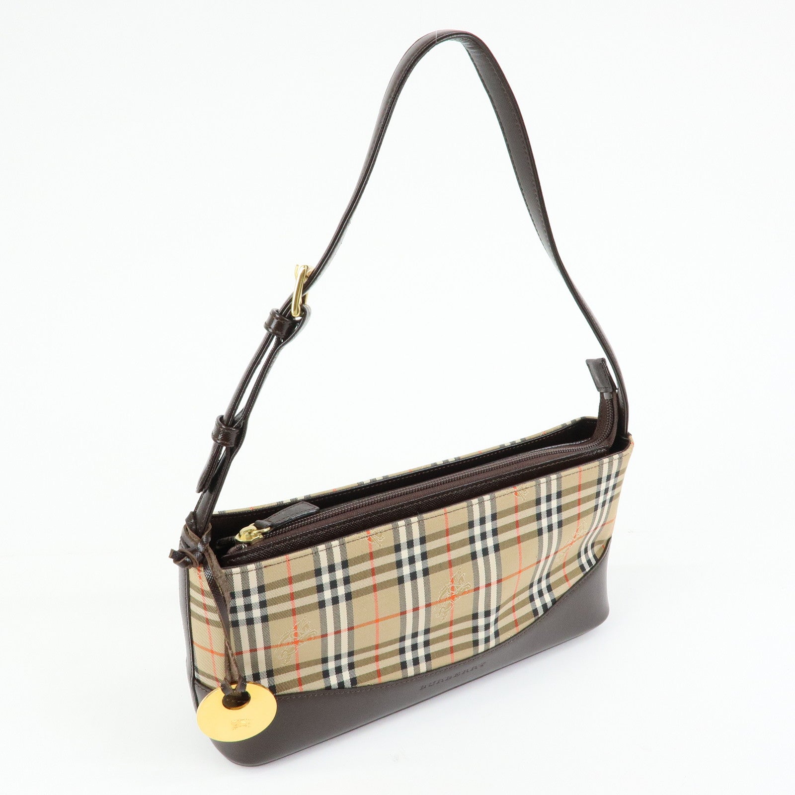 BURBERRY Nova Plaid Canvas Leather Shoulder Bag Beige Brown