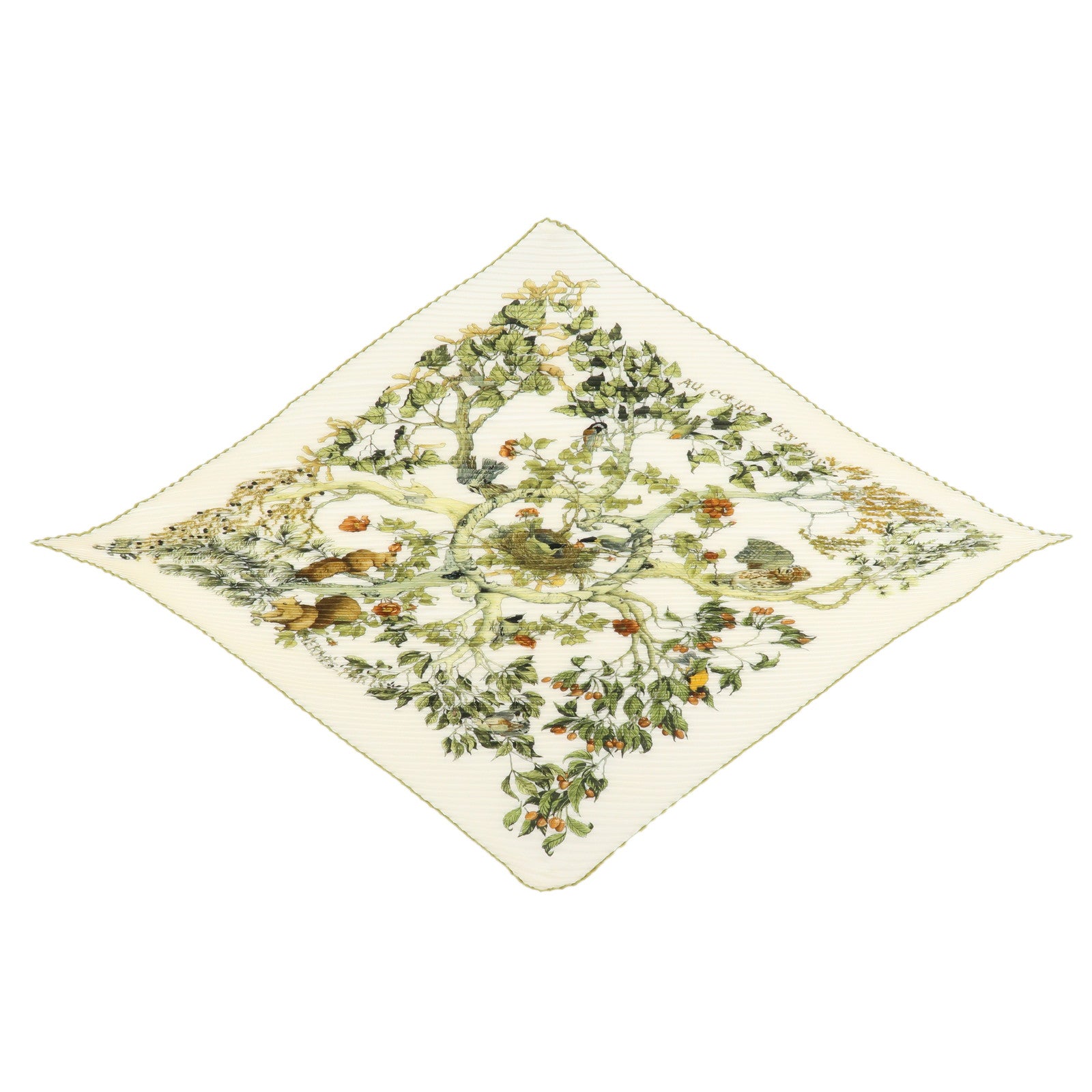 HERMES Carre 90 Silk 100% Pleats AU COEUR DES BOIS Scarf White