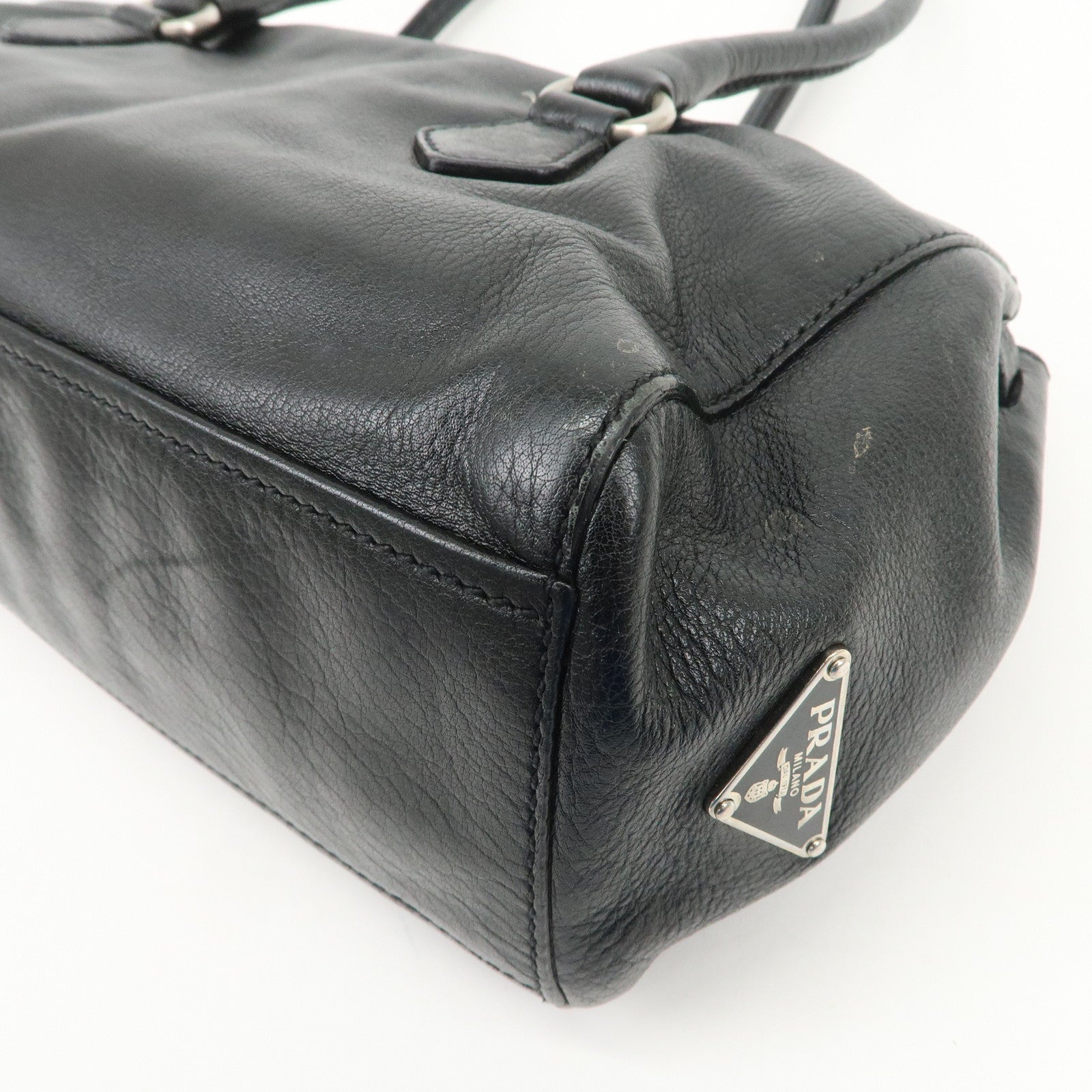 PRADA Triangle Logo Leather Shoulder Bag Hand Bag Black