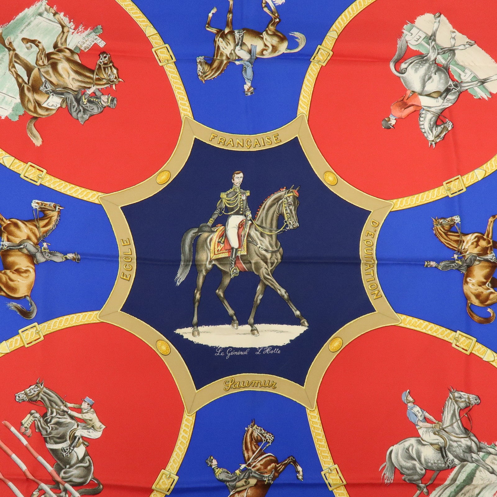 HERMES Carre 90 Silk 100% Scarf Le General LA Hotte Navy Red Blue