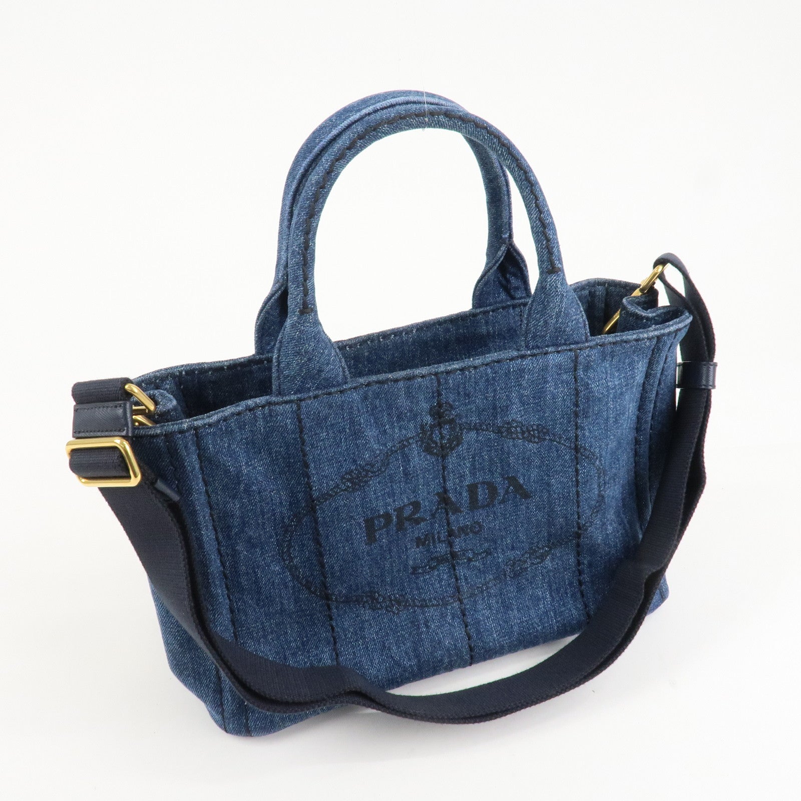 PRADA Canapa Mini Canvas Denim 2Way Shoulder Hand Bag Navy B2439G Used