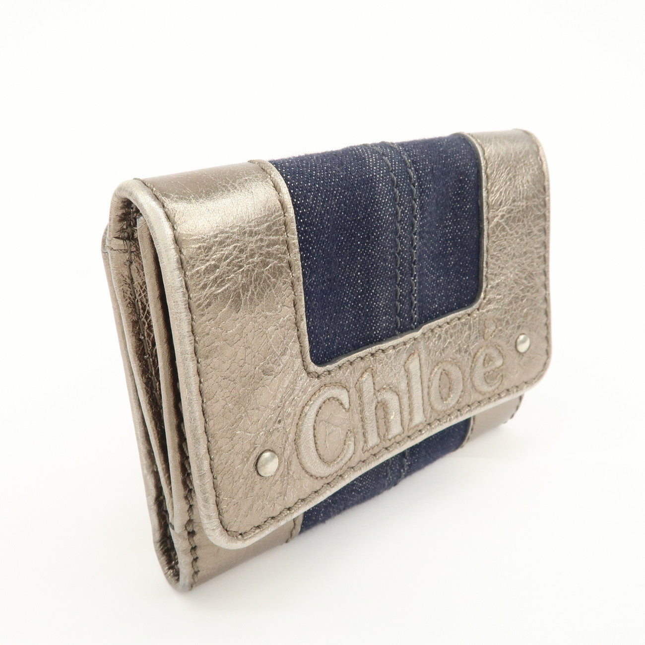 Chloe Harlee Leather Denim Bi-Fold Compact Wallet Silver Blue