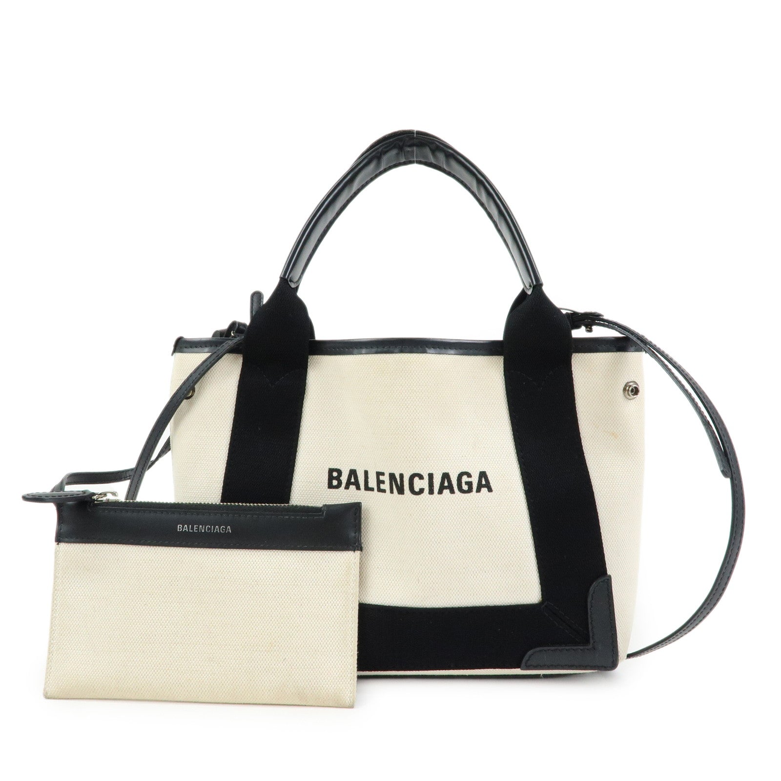 BALENCIAGA Navy Cabas XS Canvas Leather 2WAY Bag Natural 390346