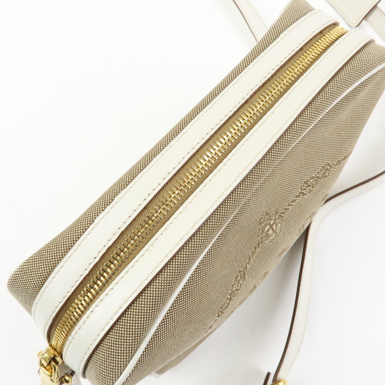 PRADA Logo Jacquard Leather Shoulder Bag Beige White 1BH089