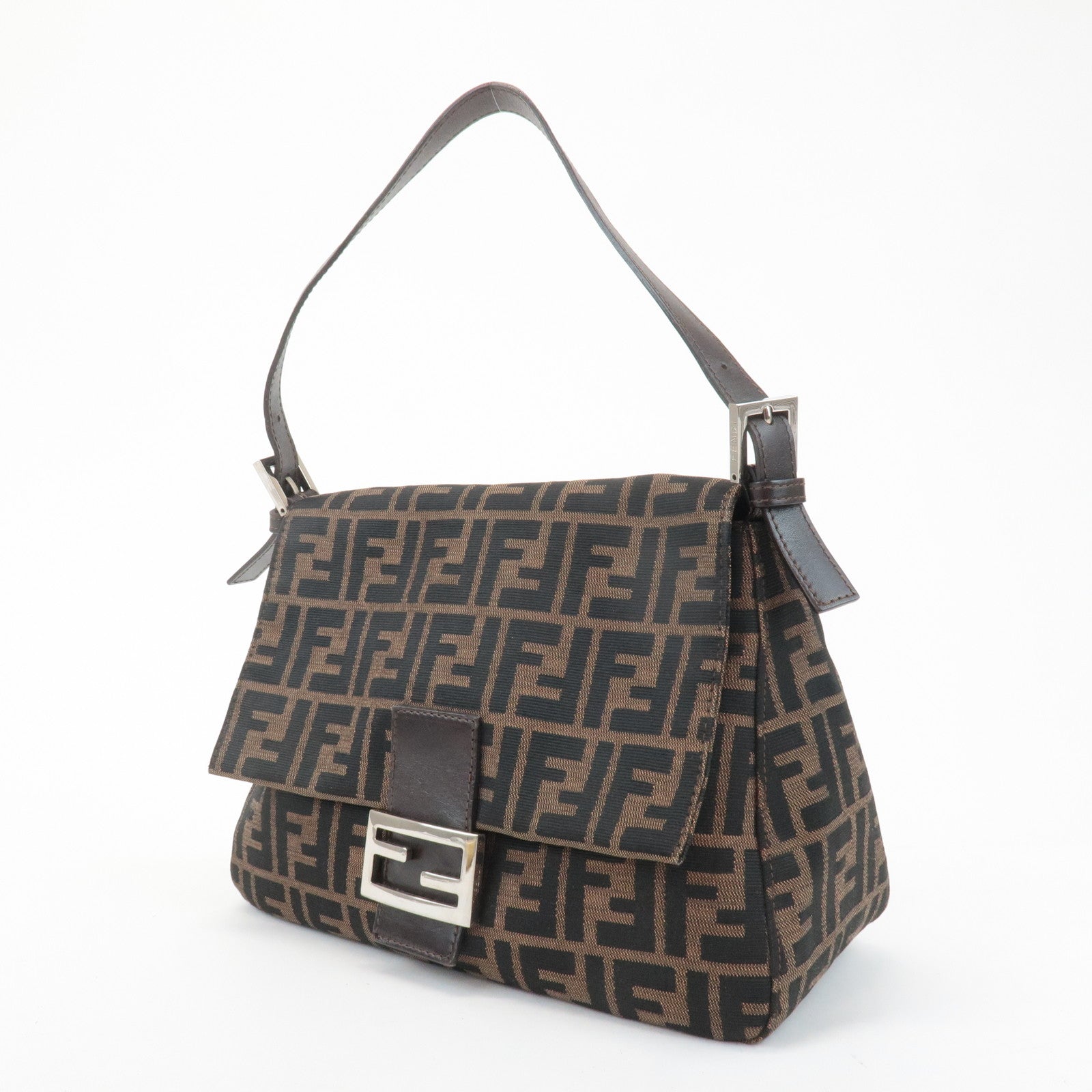 FENDI Mamma Baguette Canvas Leather Shoulder Bag Silver HDW 26325 Used