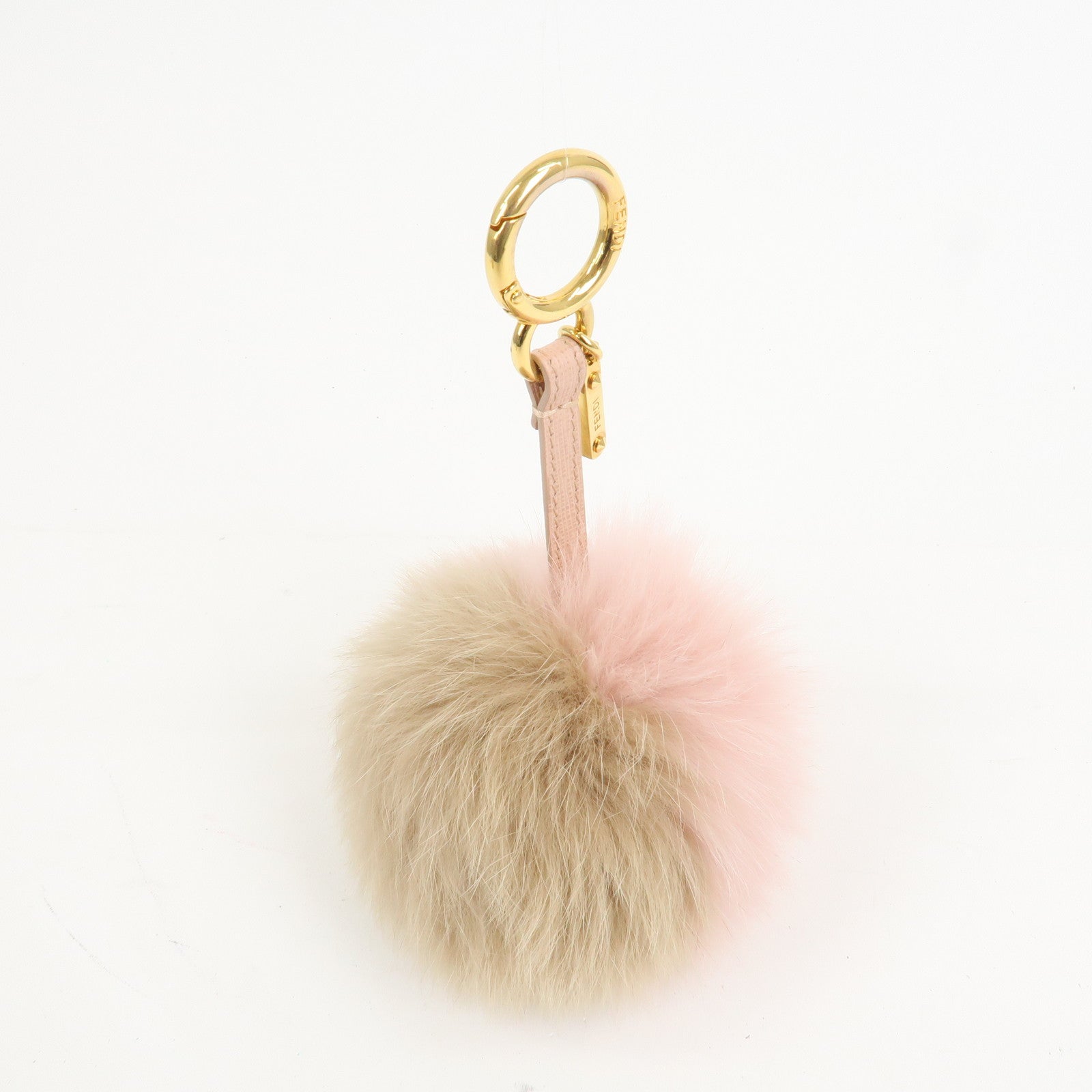 FENDI Pompom Fur Bag Charm Key Ring Brown Pink A7R259
