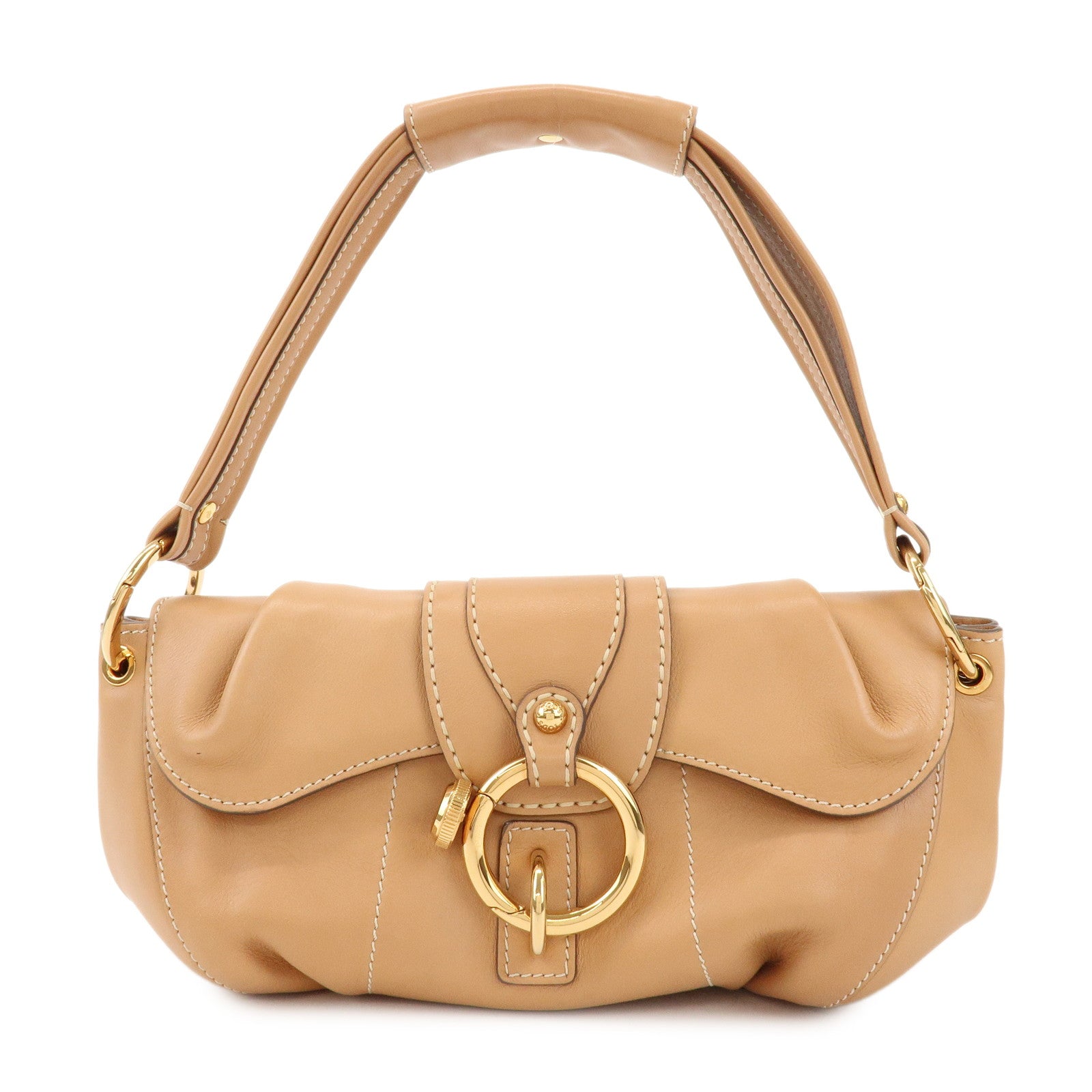 TOD'S Leather Hand Bag Shoulder Bag Circle Lock Light Brown