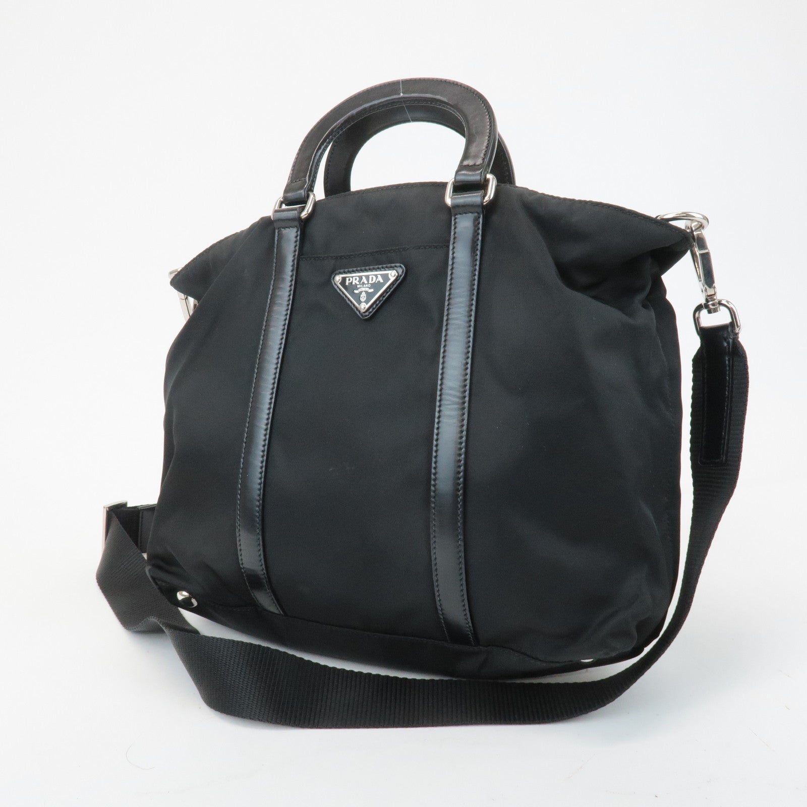 PRADA Triangel Logo Leather Nylon 2Way Bag Tote Bag Black BN1066