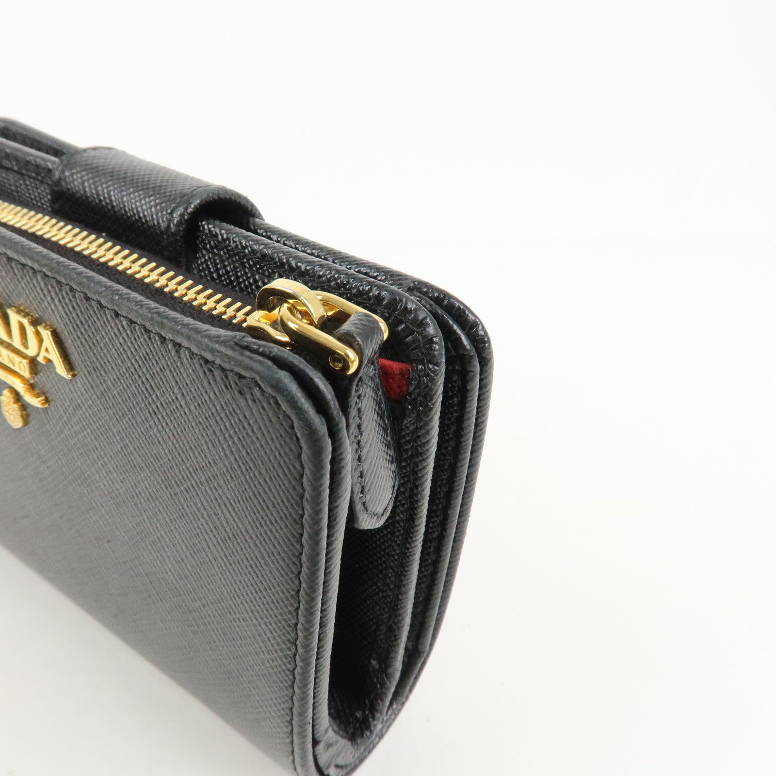 PRADA Saffiano Leather Bi-Fold Wallet Black Red Gold 1ML018 Used