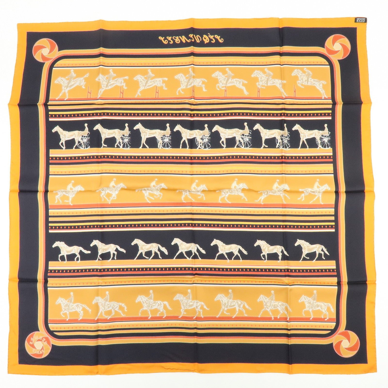 HERMES Carre 90 Silk 100% Scarf SEQUENCES Horse Print Orange Black