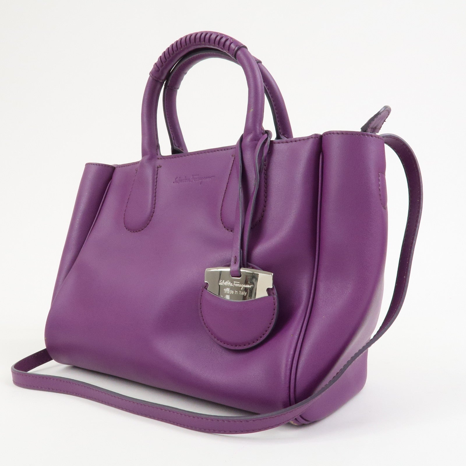 Ferragamo Leather 2Way Bag Hand Bag Shoulder Bag Tote Bag Purple