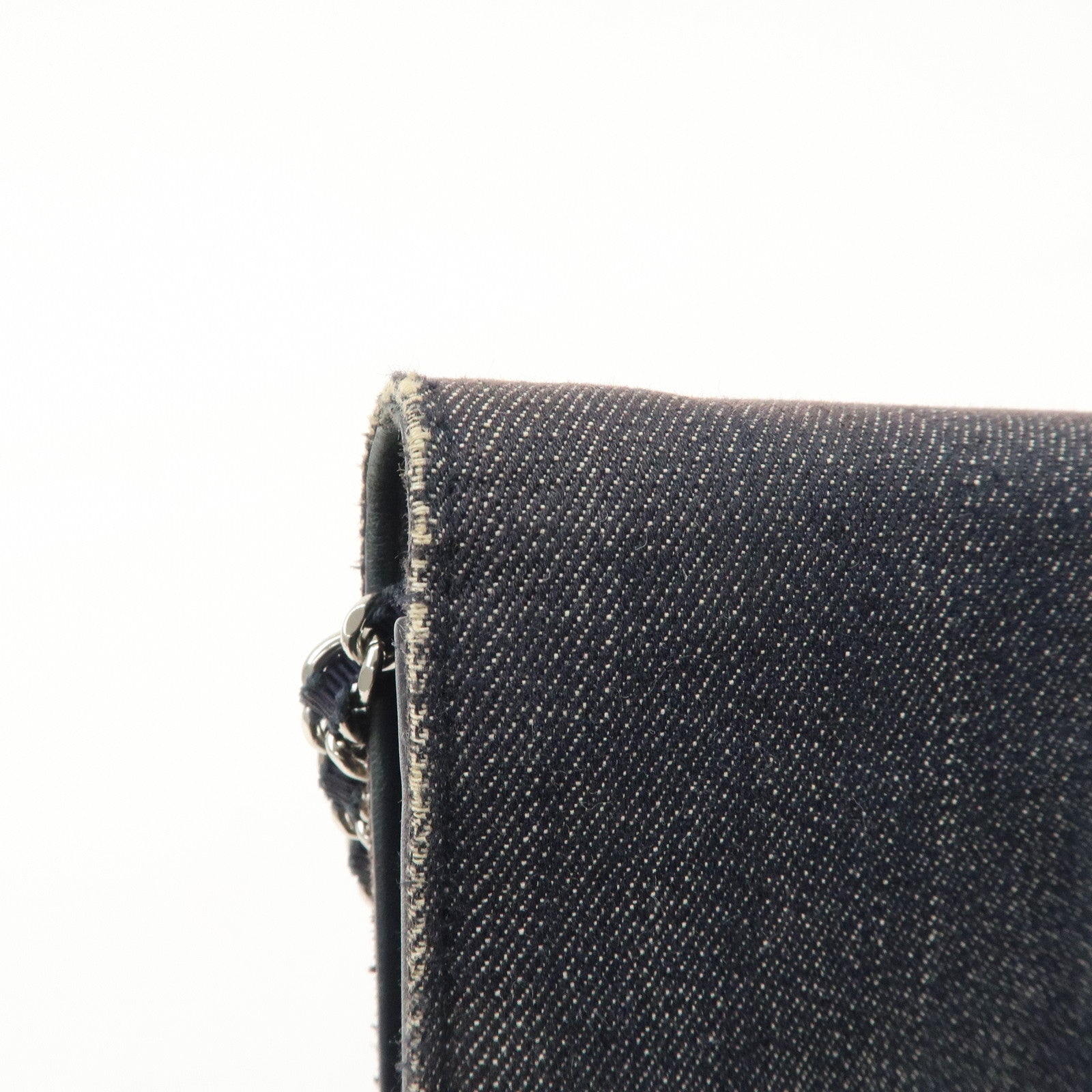 CHANEL Deauville Denim Chain Wallet Navy Brown Silver HDW A80795 Used