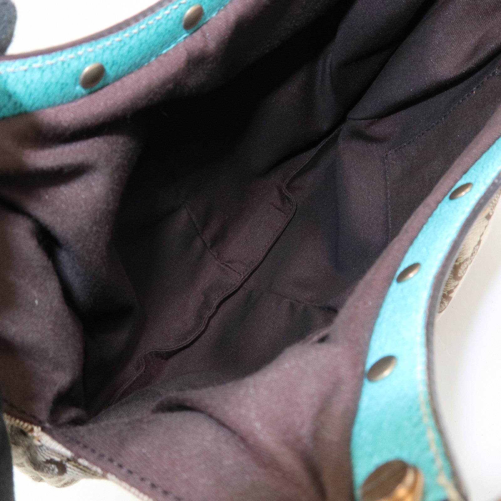 GUCCI Bamboo GG Canvas Leather Hand Bag Brown Light Blue 124297