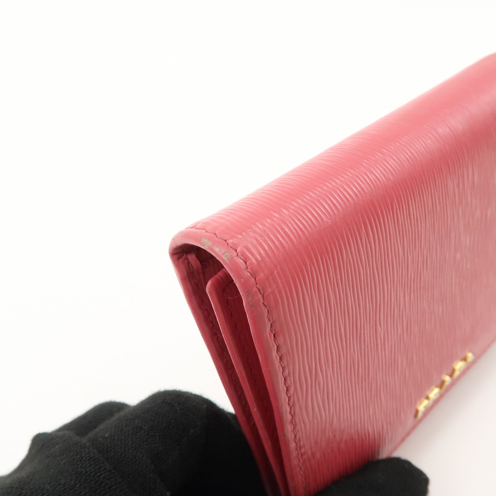 PRADA Saffiano Leather Trifold Compact Wallet Pink 1MH176 Used