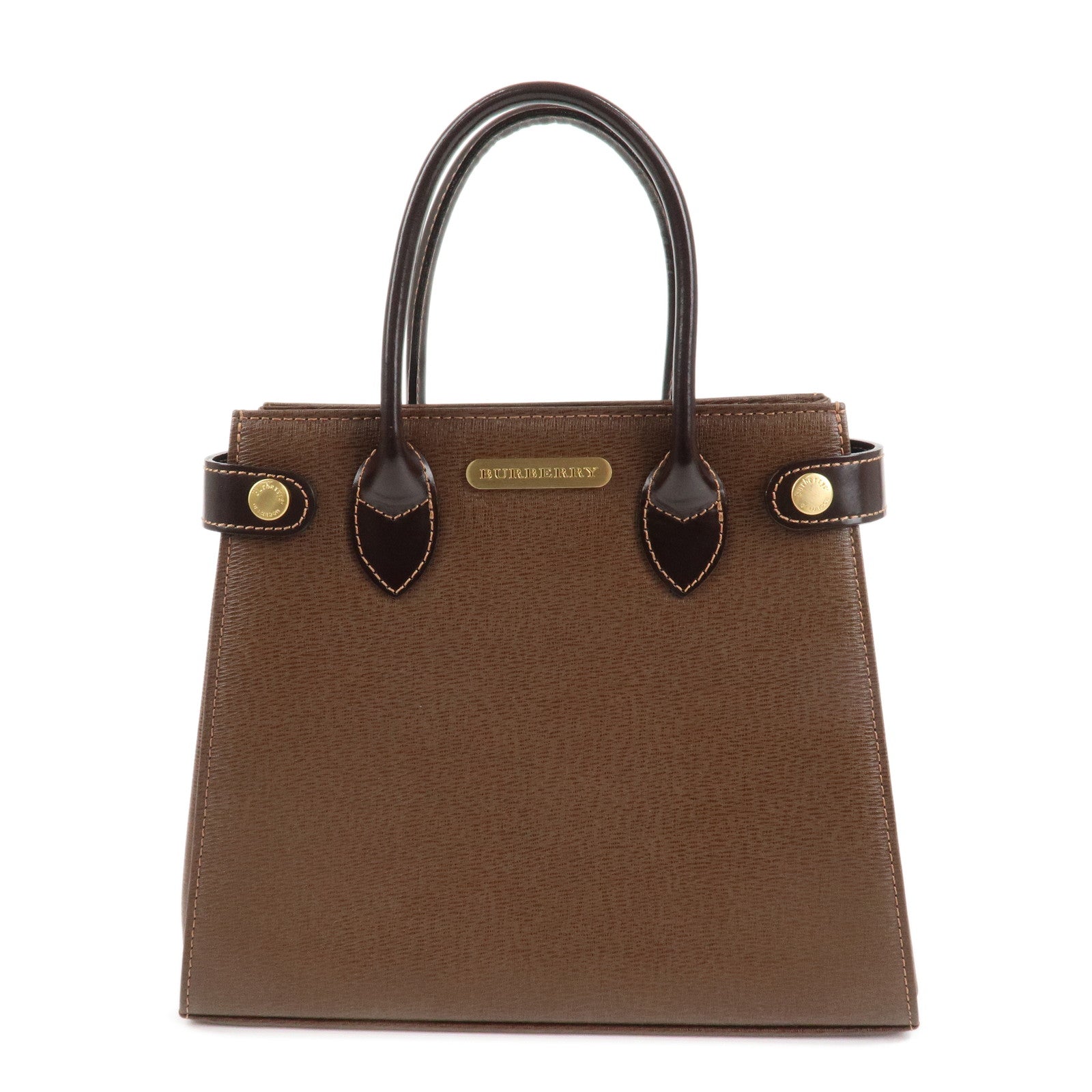 BURBERRY Leather Hand Bag Tote Bag Brown Gold Hardware Used