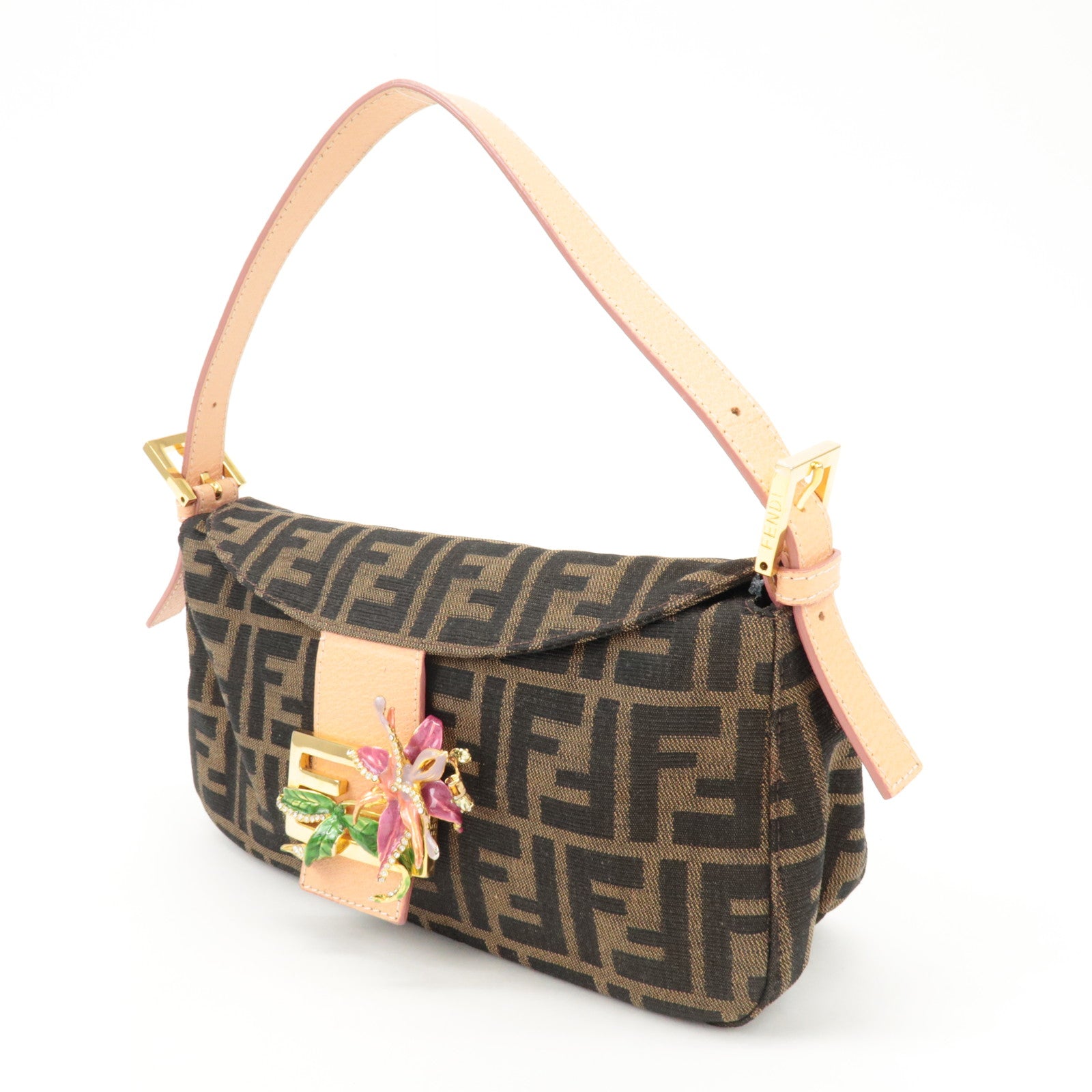 FENDI Zucca Canvas Leather Shoulder Bag Brown Pink Beige 26725 Used