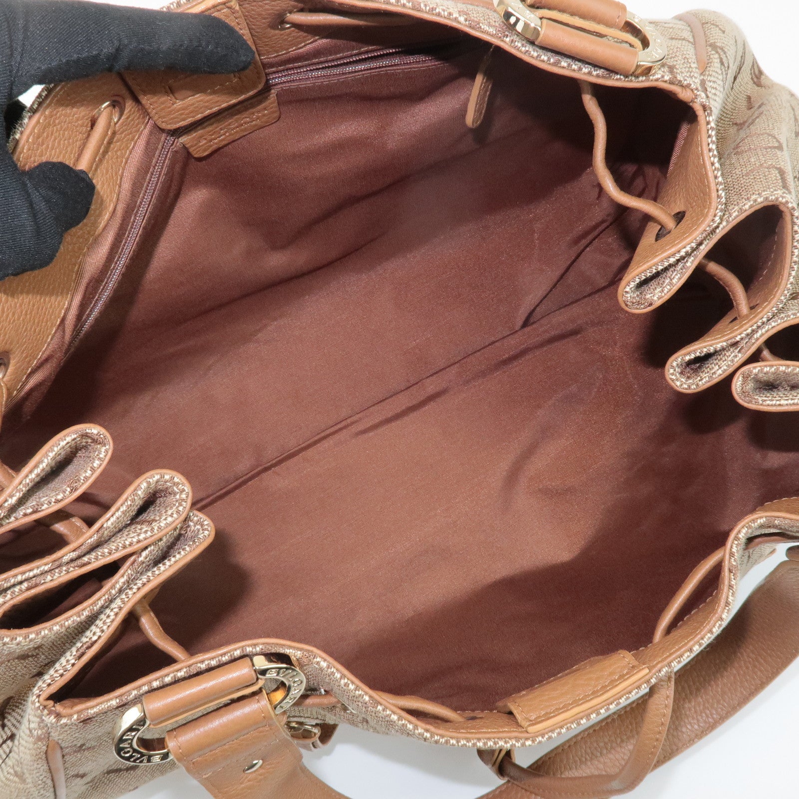 BVLGARI Logo Mania Leather Canvas Tote Bag Shoulder Bag Beige Brown Used