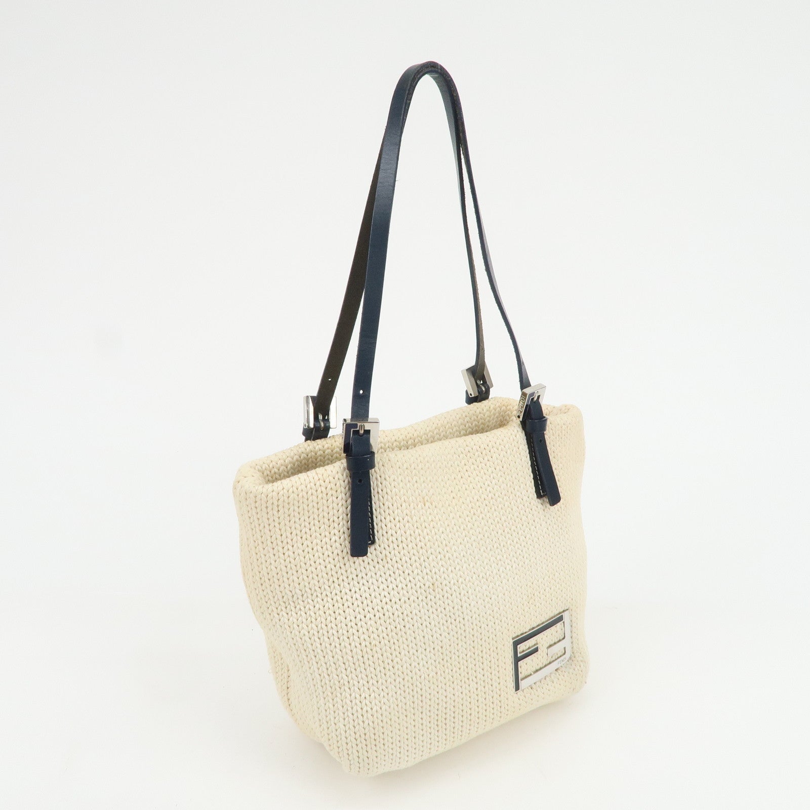 FENDI Logo Wool Leather Hand Bag Shoulder Bag Ivory Navy 26731