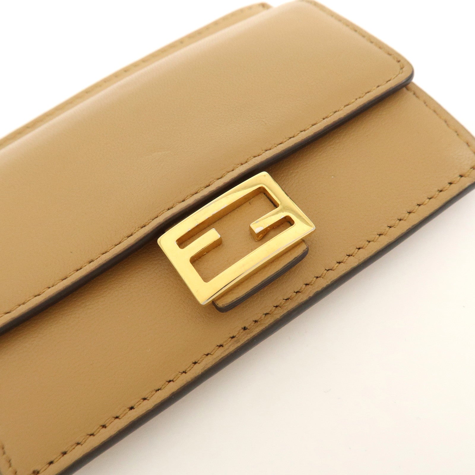 FENDI Zucca Baguette Leather Card Case Light Brown