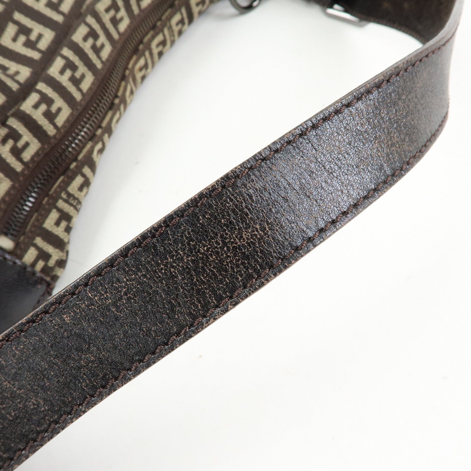 FENDI Zucchino Canvas Leather Shoulder Bag Dark Brown 8BR228