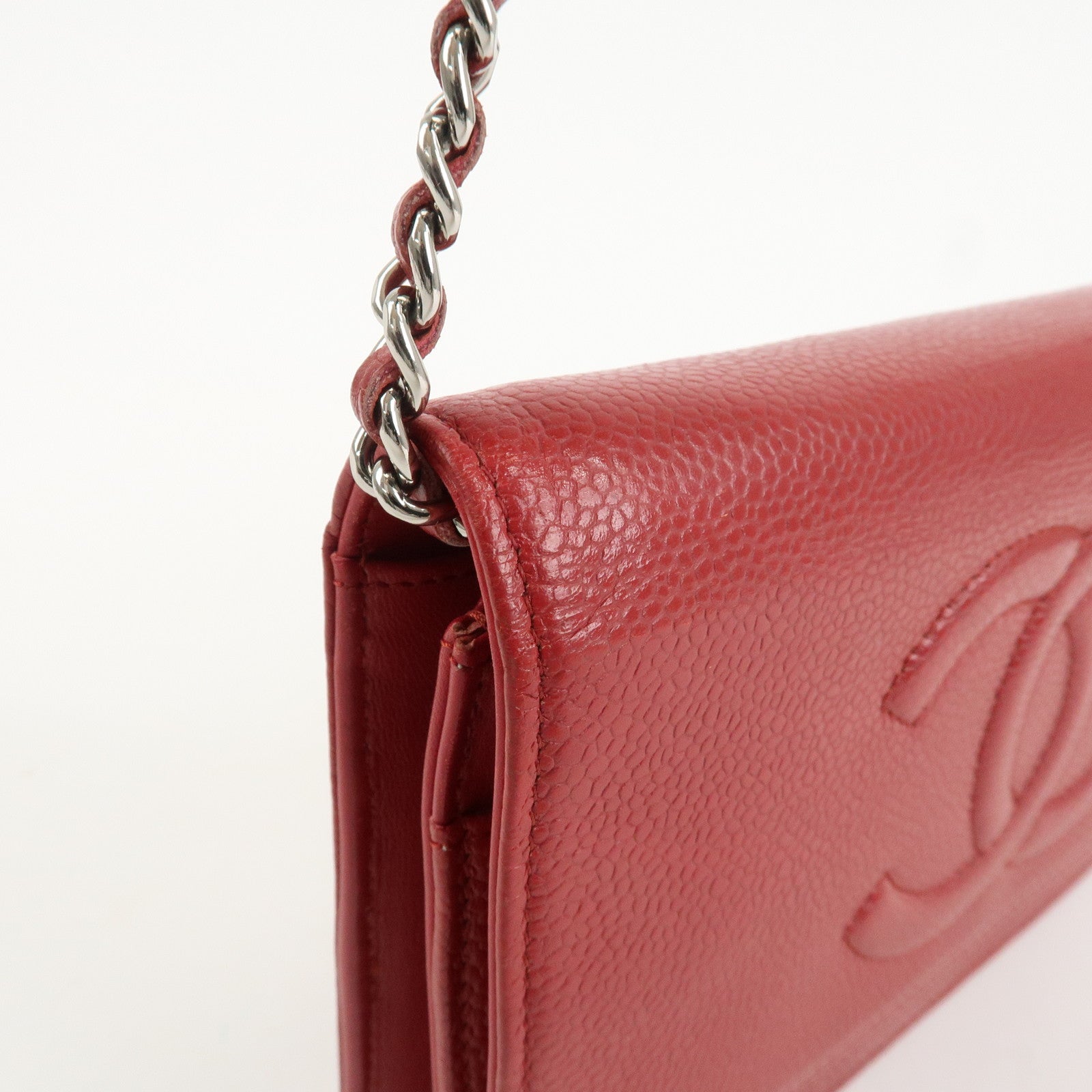 CHANEL COCO Mark Caviarskin Chain Shoulder Bag Wallet Red A48654